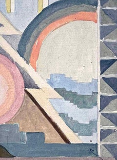 « Design for Art Deco Rug », peinture géométrique rose foncé, bleu et gris