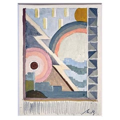 "Design for Art Deco Rug", Geometric Painting in Deep Pink, Blue and Gray