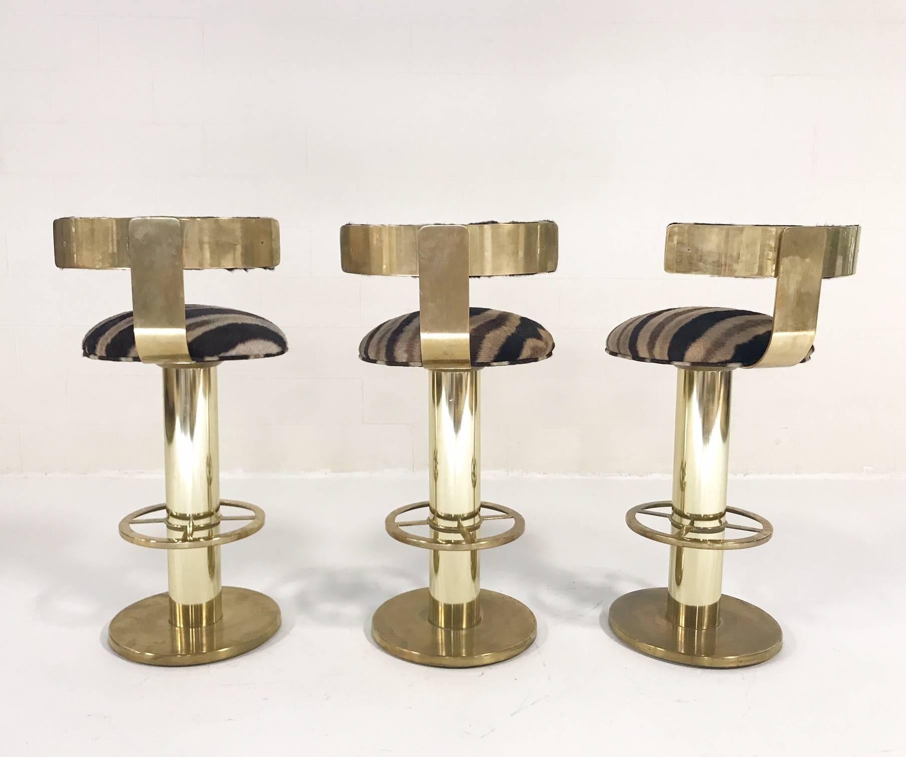 North American Design For Leisure Brass Bar Stool Chairs Restored in Zebra Hide, Set of Three