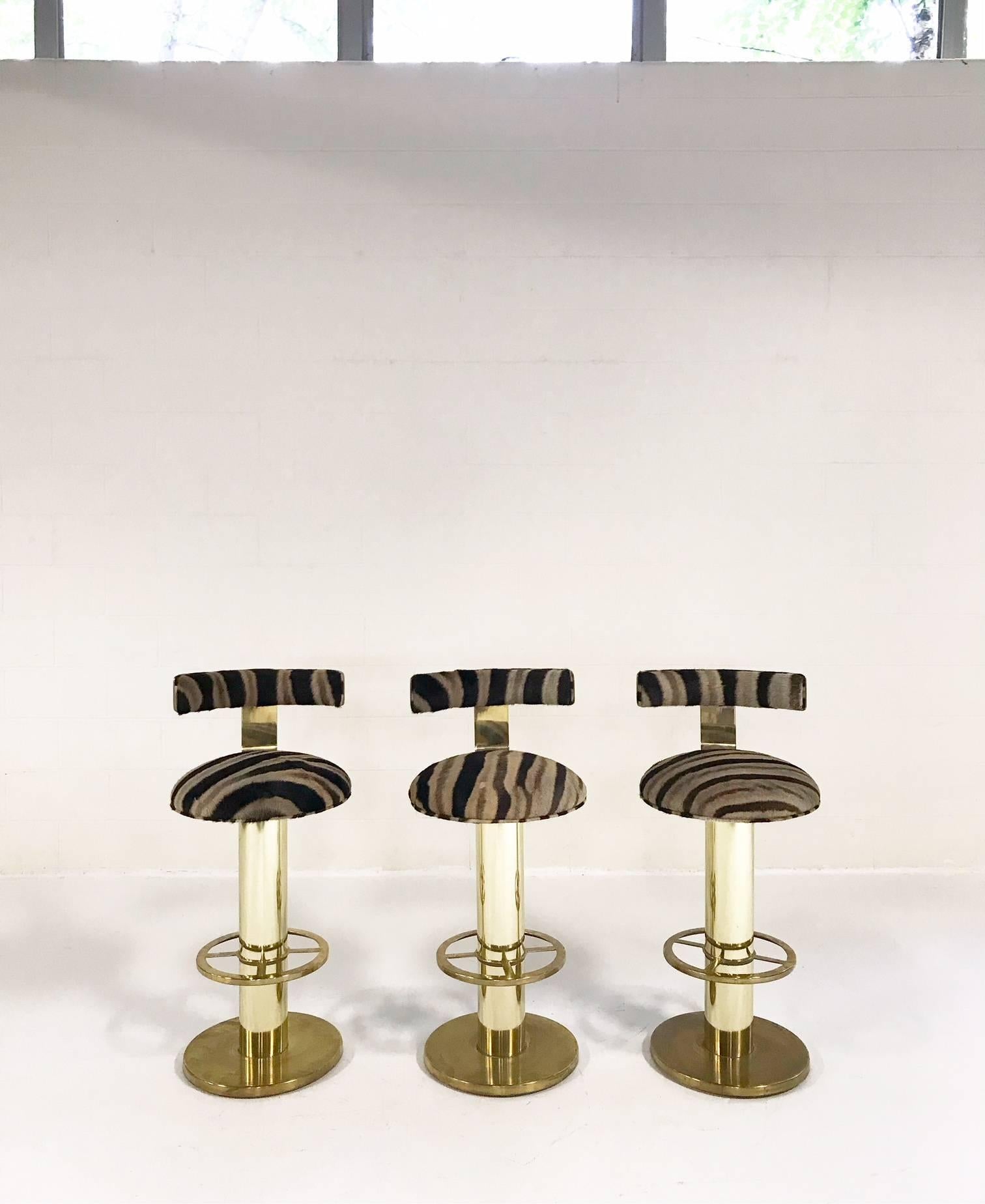 Design For Leisure Brass Bar Stool Chairs Restored in Zebra Hide, Set of Three In Excellent Condition In SAINT LOUIS, MO