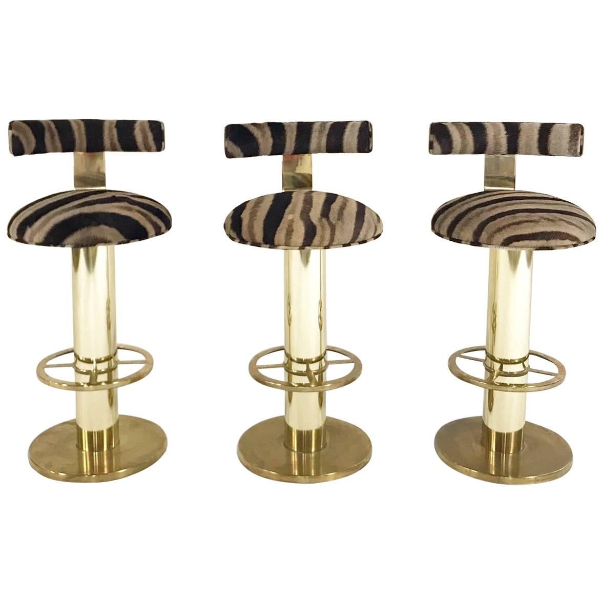 Design For Leisure Brass Bar Stool Chairs Restored in Zebra Hide, Set of Three