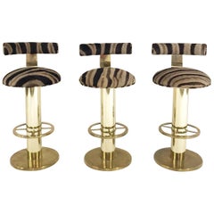 Design For Leisure Brass Bar Stool Chairs Restored in Zebra Hide, Set of Three
