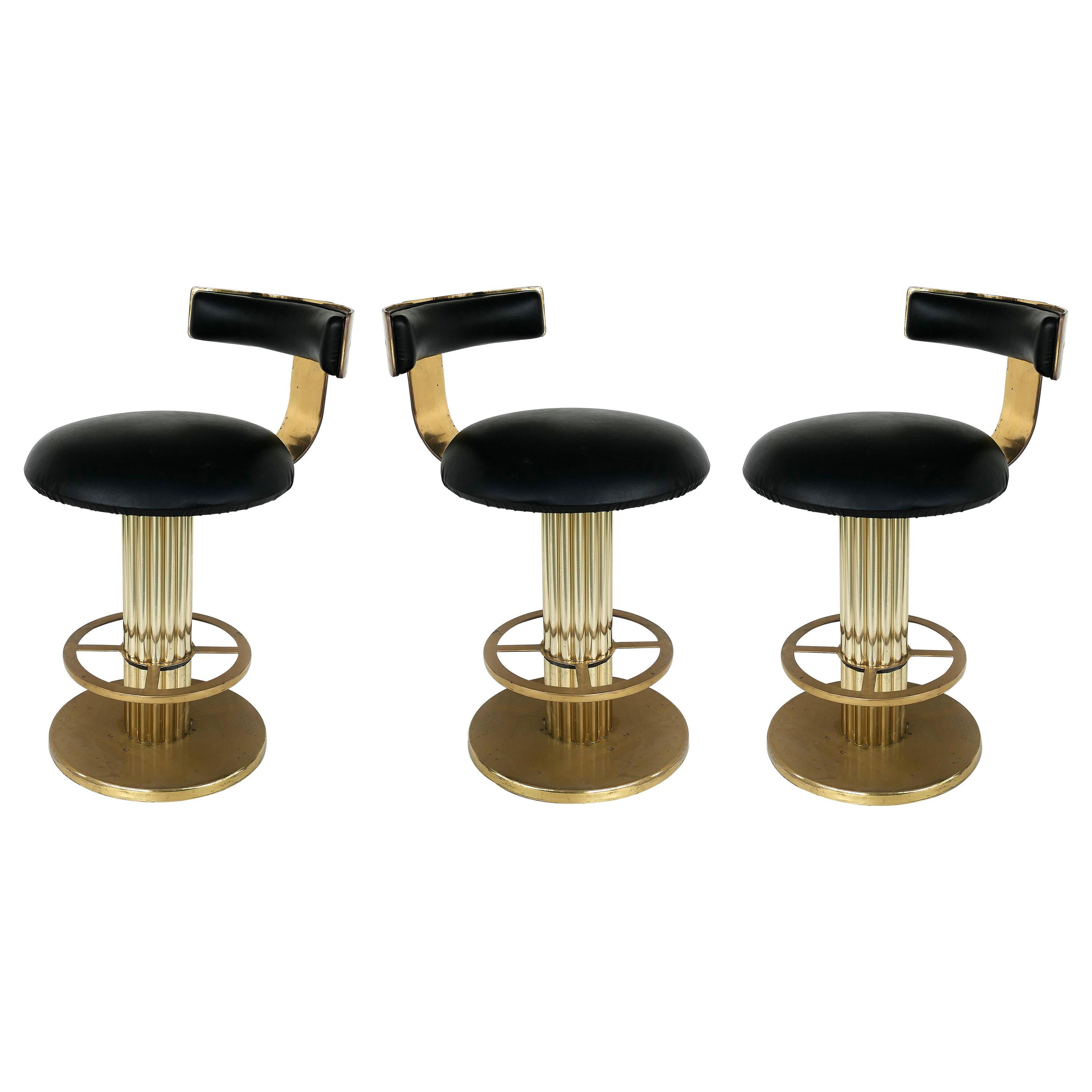 Design For Leisure Leather and Brass Counter Stools, Set of 3