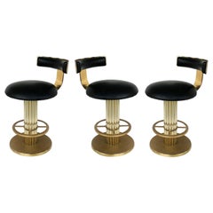 Design For Leisure Leather and Brass Counter Stools, Set of 3