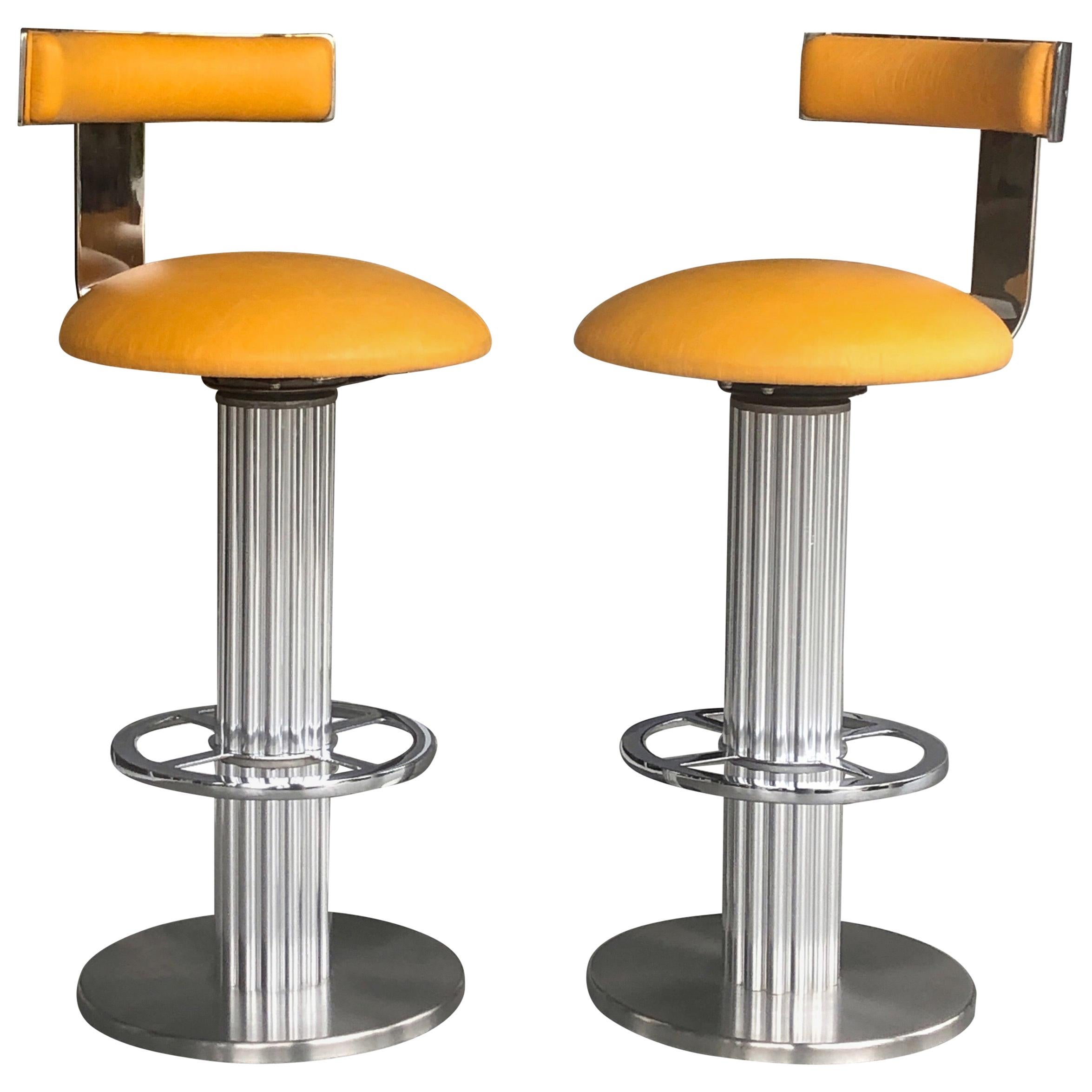 Design for Leisure Pair of Yellow Swivel Bar Stools, 1980s