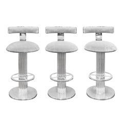Design for Leisure Set of 3 Barstools in Stainless Steel with Gray Velvet 1970s
