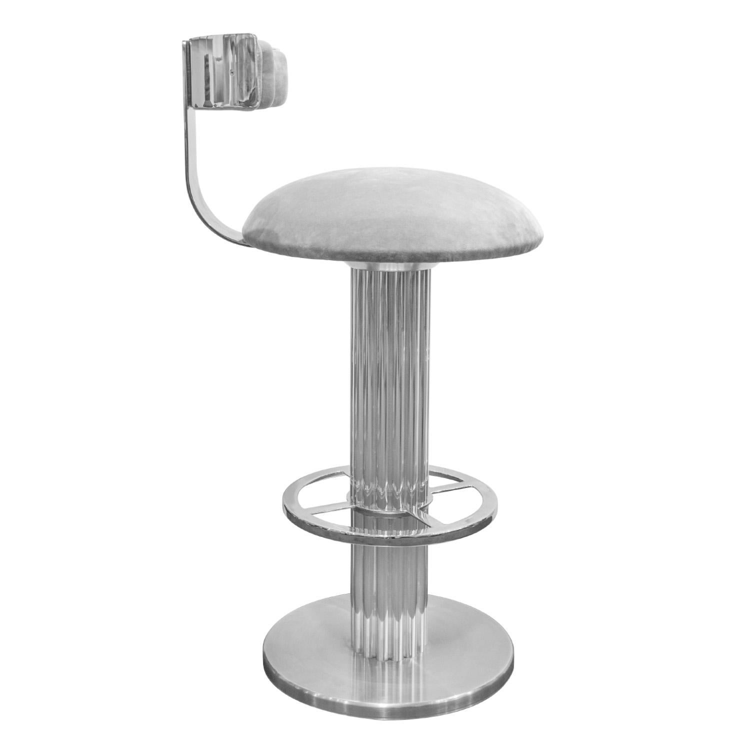 American Design for Leisure Set of 3 Barstools in Stainless Steel with Gray Velvet 1970s For Sale