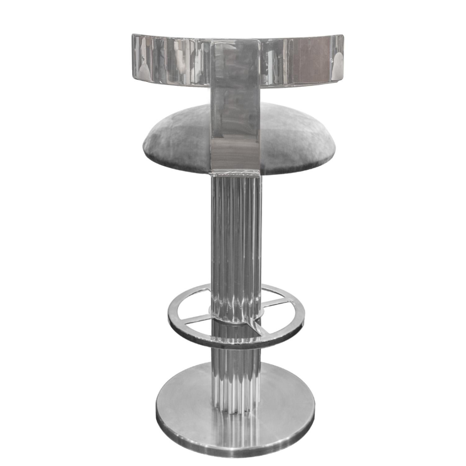 Hand-Crafted Design for Leisure Set of 3 Barstools in Stainless Steel with Gray Velvet 1970s For Sale