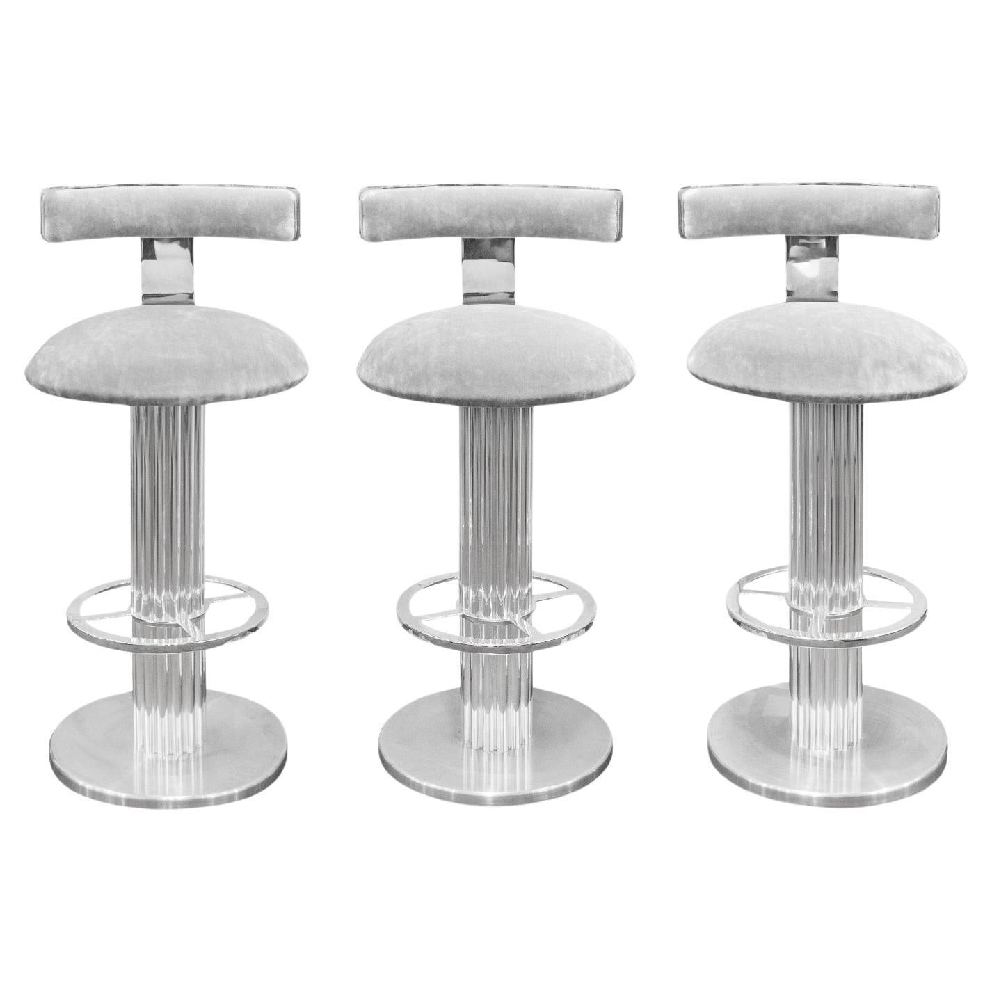 Design for Leisure Set of 3 Barstools in Stainless Steel with Gray Velvet 1970s For Sale