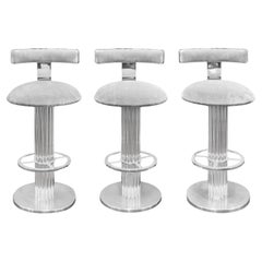 Vintage Design for Leisure Set of 3 Barstools in Stainless Steel with Gray Velvet 1970s