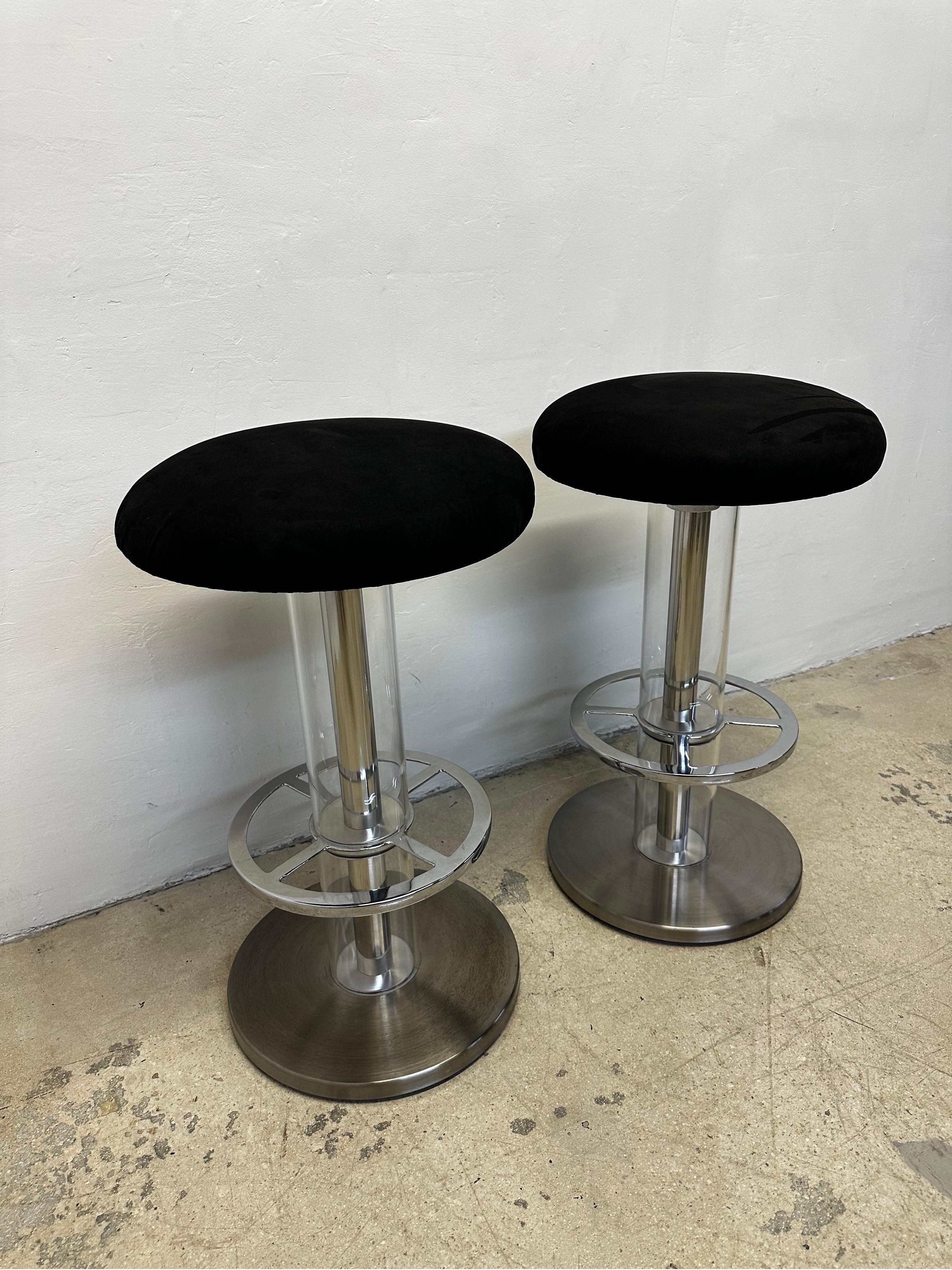 Mid-Century Modern Design for Leisure Steel and Black Ultra Suede Swivel Bar Stools - a Pair For Sale