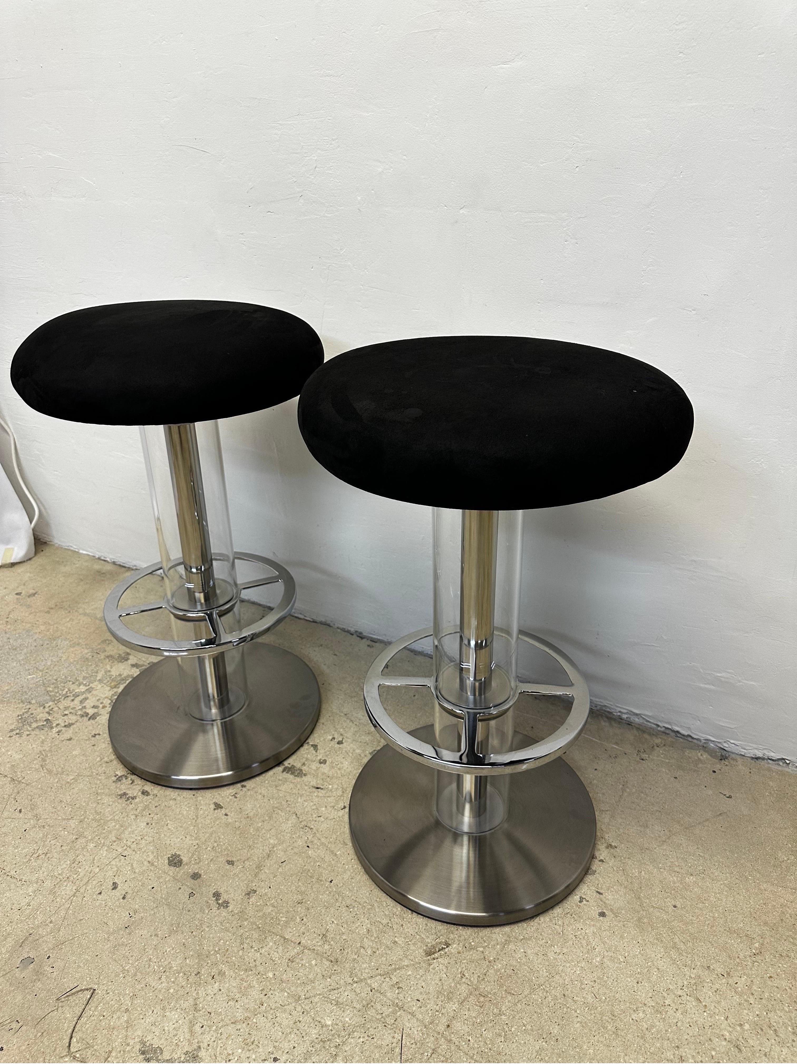 Mid-Century Modern Design for Leisure Steel and Black Ultra Suede Swivel Bar Stools - a Pair For Sale