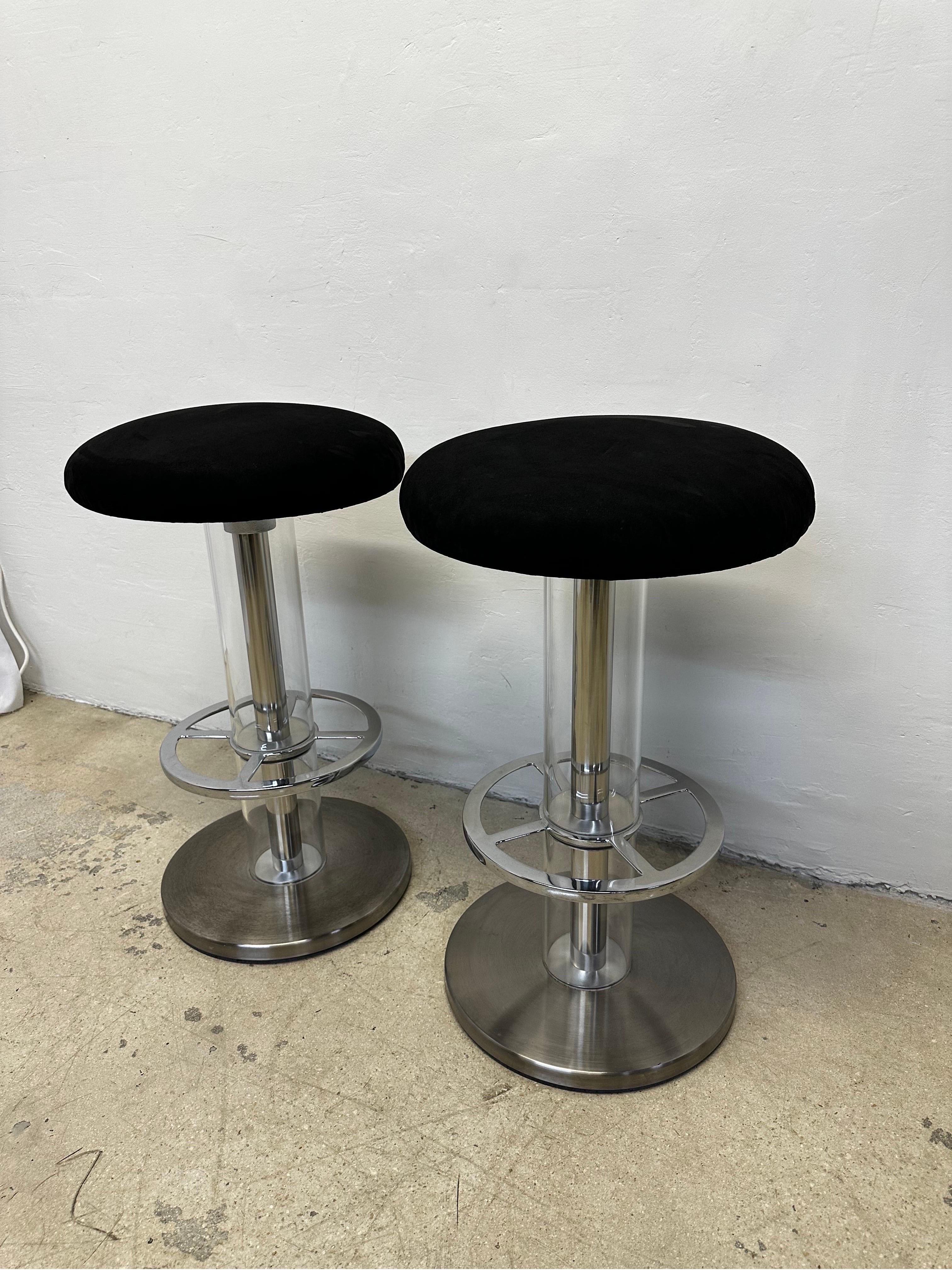 American Design for Leisure Steel and Black Ultra Suede Swivel Bar Stools - a Pair For Sale