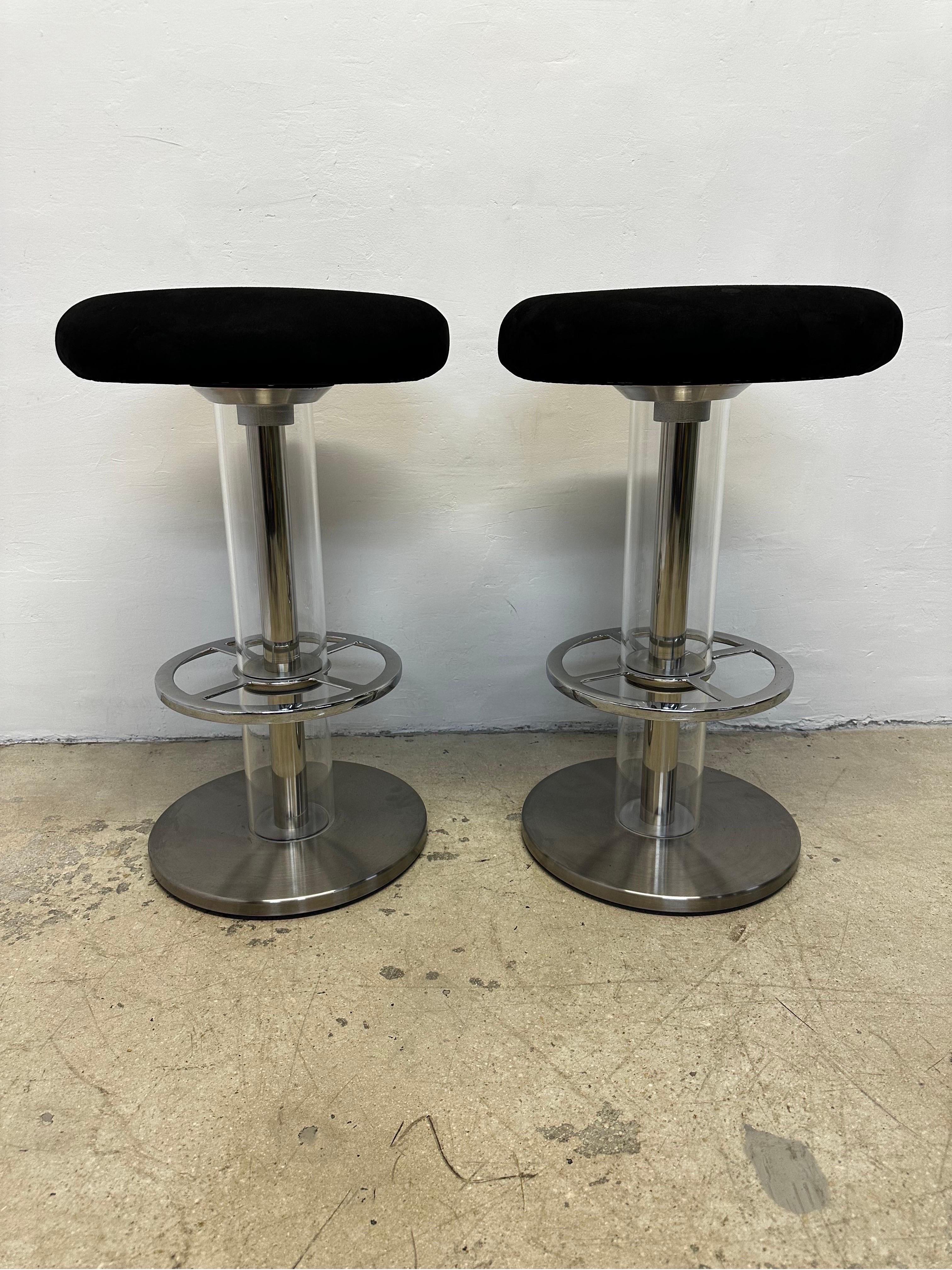 American Design for Leisure Steel and Black Ultra Suede Swivel Bar Stools - a Pair For Sale