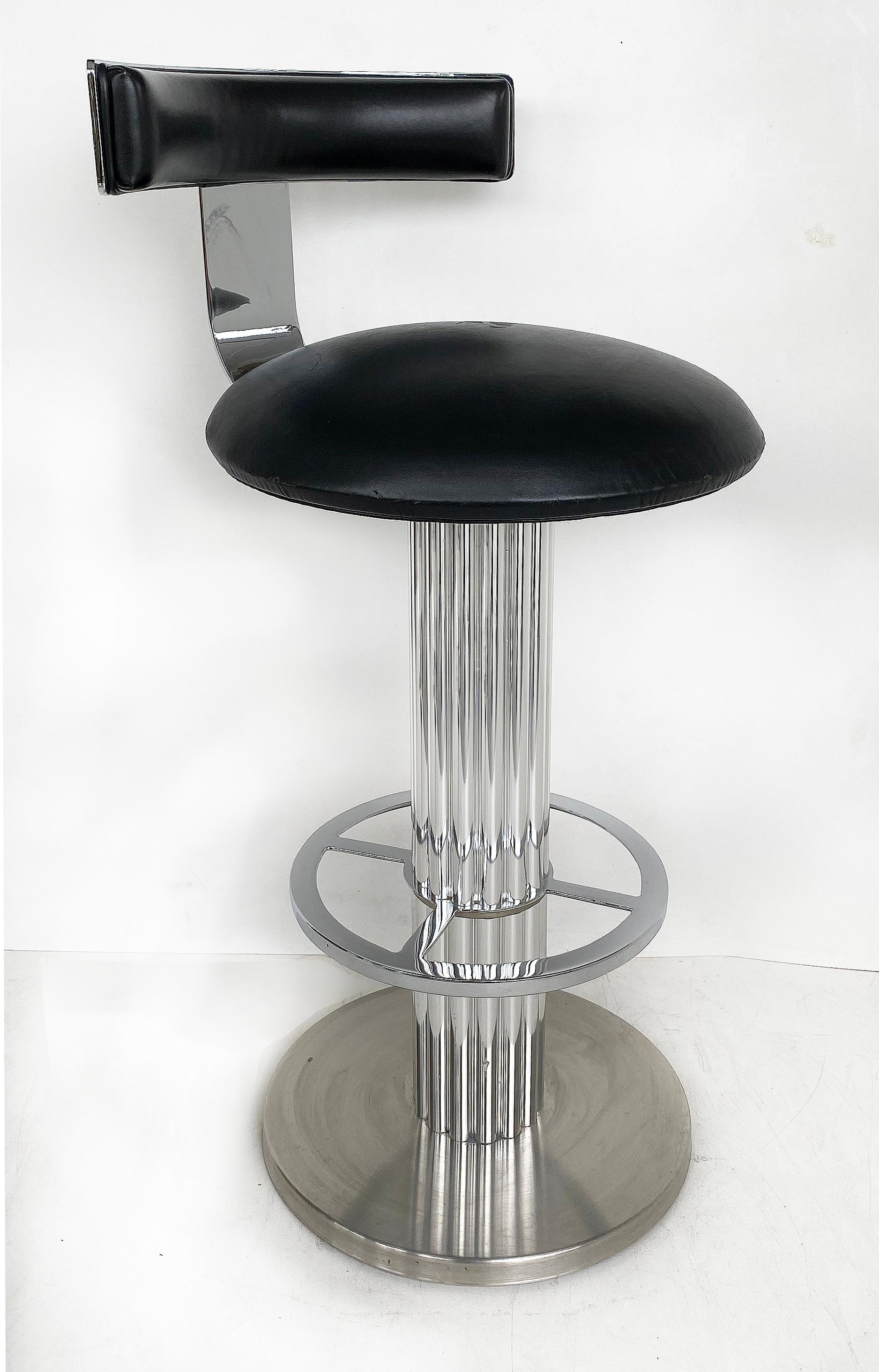 Design for Leisure Swivel Bar Stools with Chrome, Nickeled Steel, Black Leather In Good Condition In Miami, FL