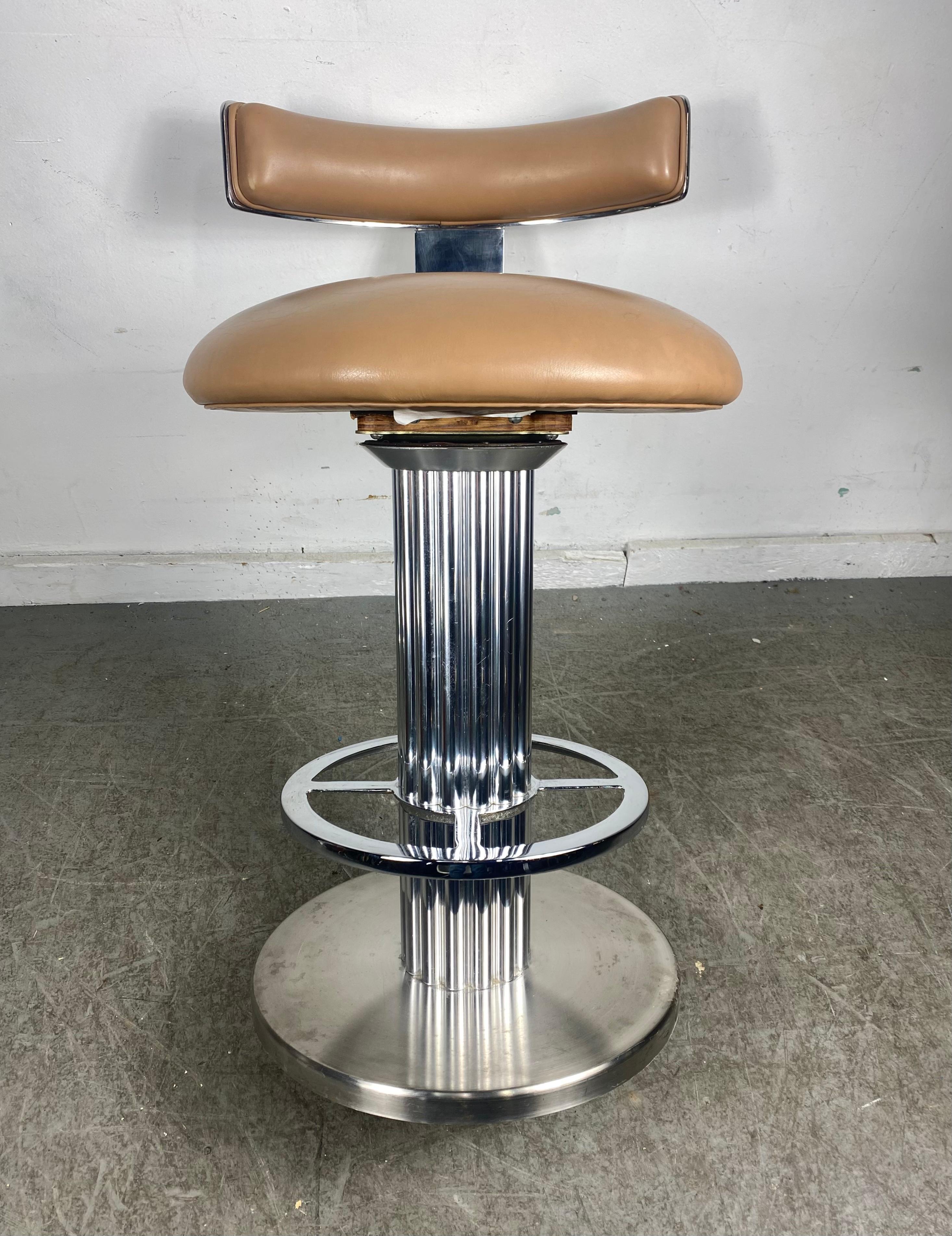 Brushed Design for Leisure Swivel Barstools, Art Deco Revival, Nickel, Stainless, 4 Avail.