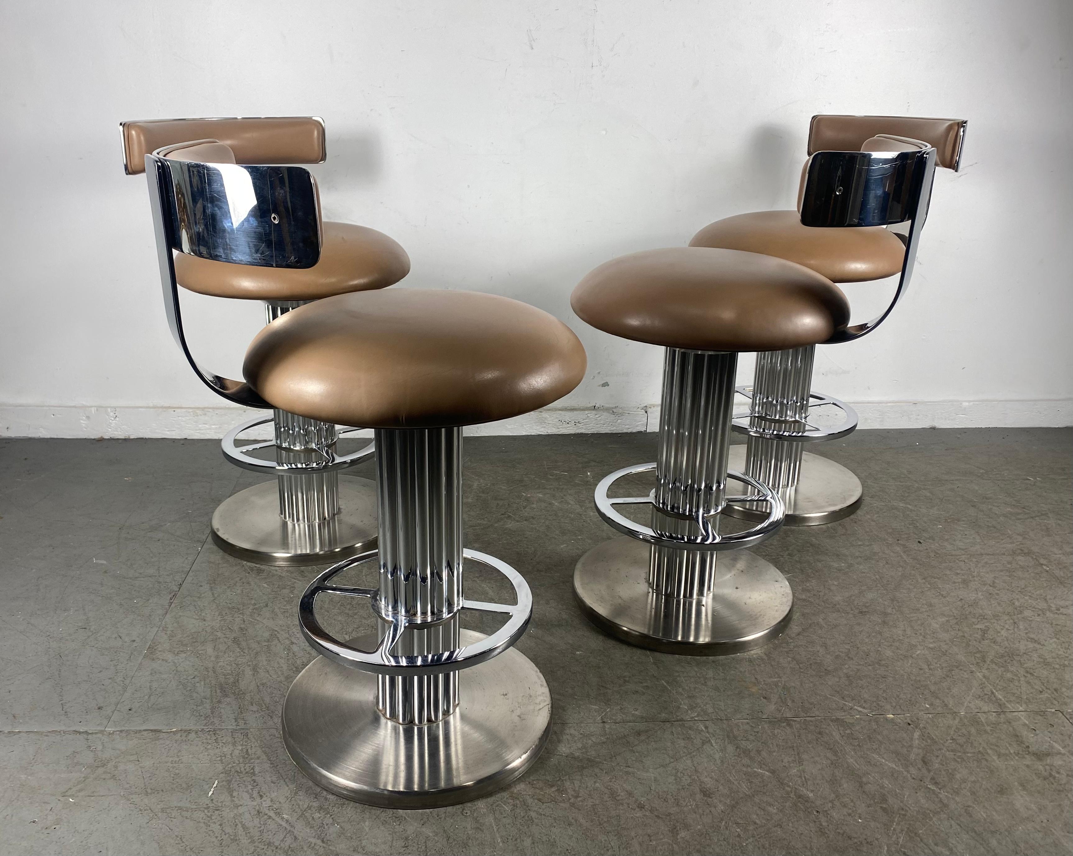 Design for Leisure Swivel Barstools, Art Deco Revival, Nickel, Stainless, 4 Avail. In Good Condition In Buffalo, NY