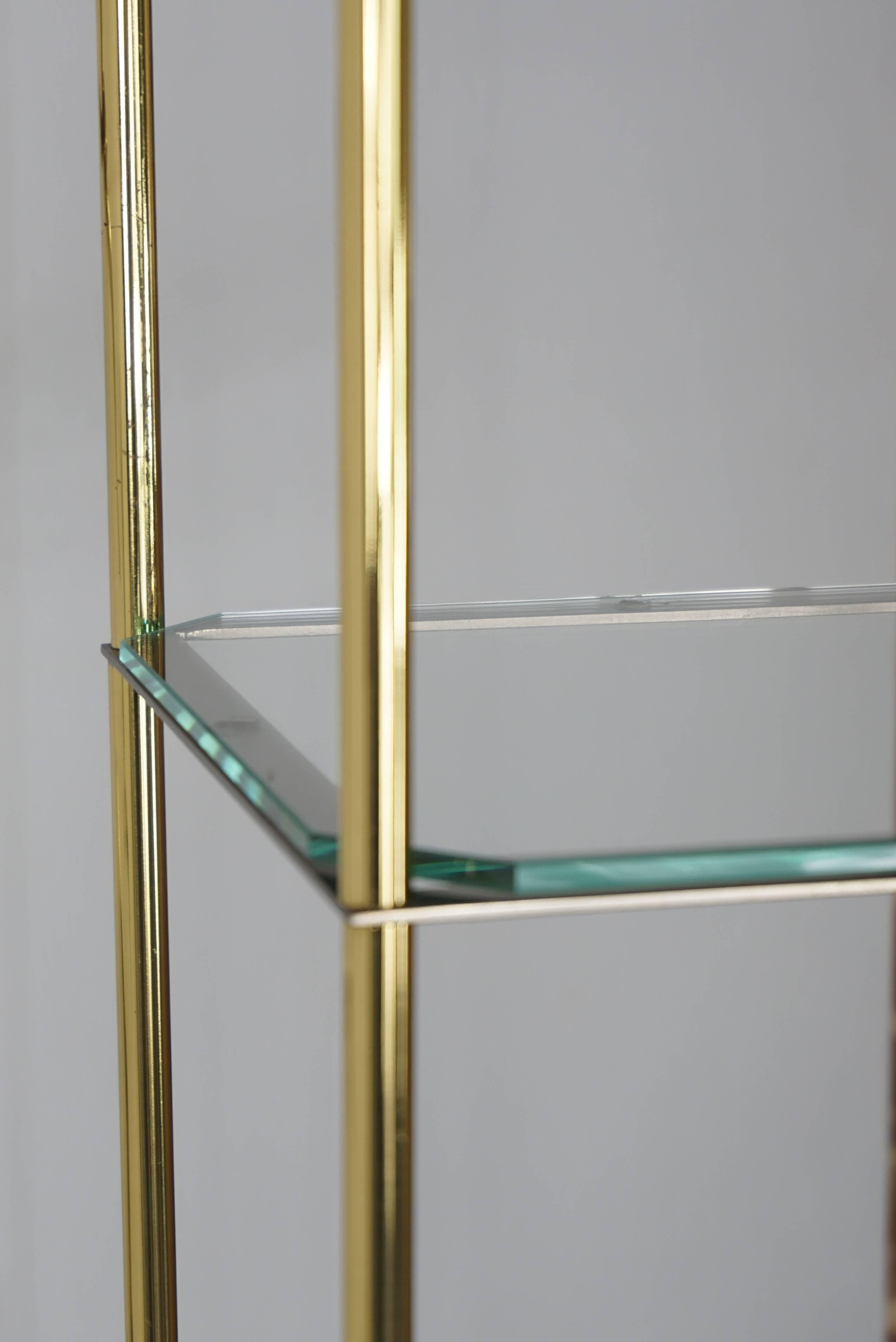 Hollywood Regency Design Glass Metal and Brass Floor Lamp with Shelves