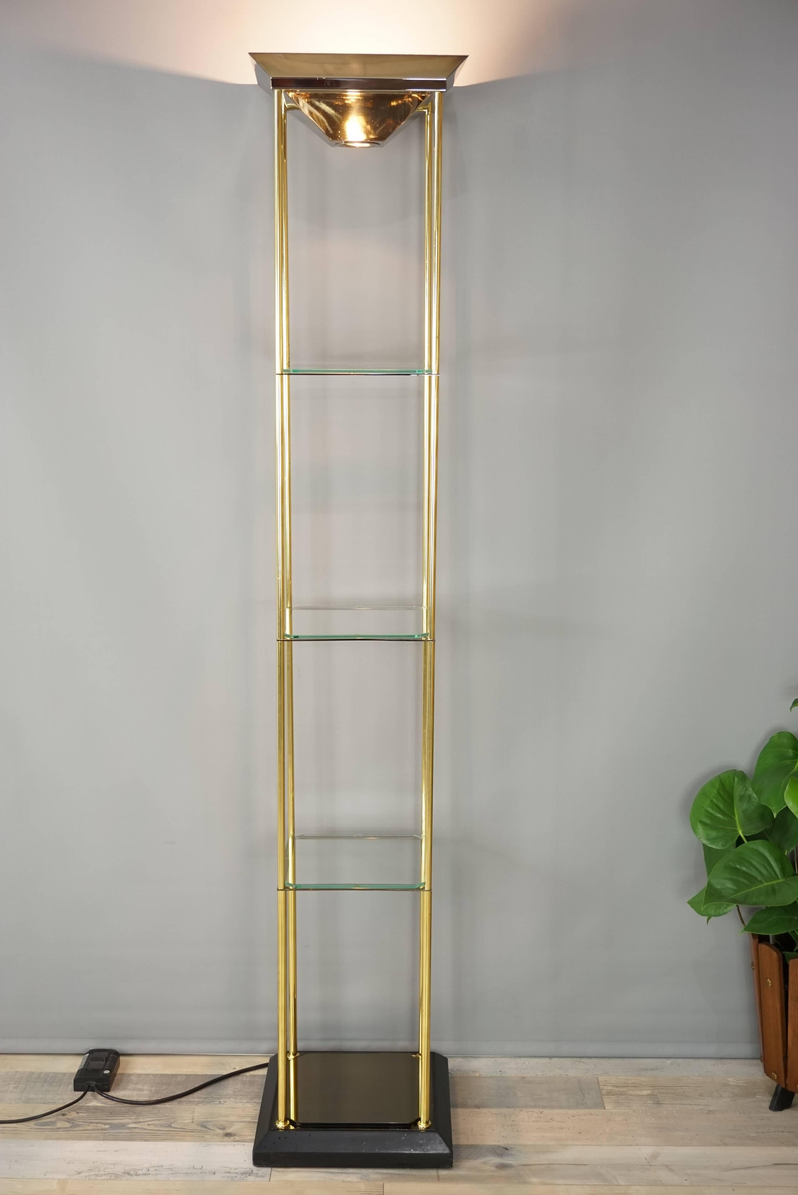 Belgian Design Glass Metal and Brass Floor Lamp with Shelves