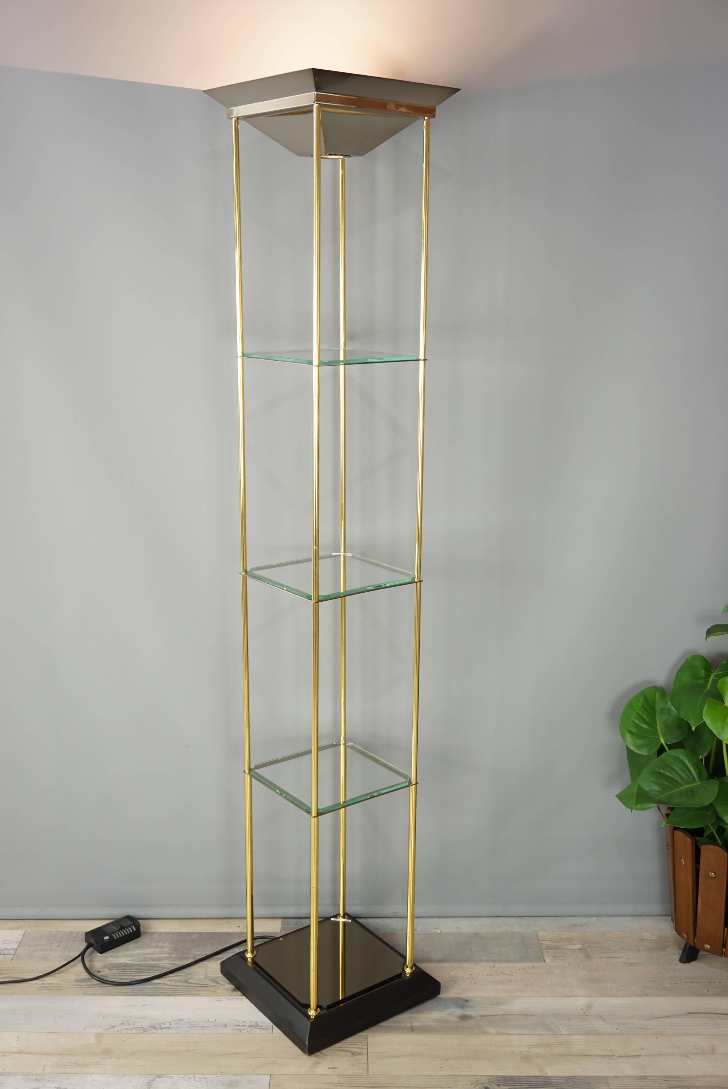 20th Century Design Glass Metal and Brass Floor Lamp with Shelves