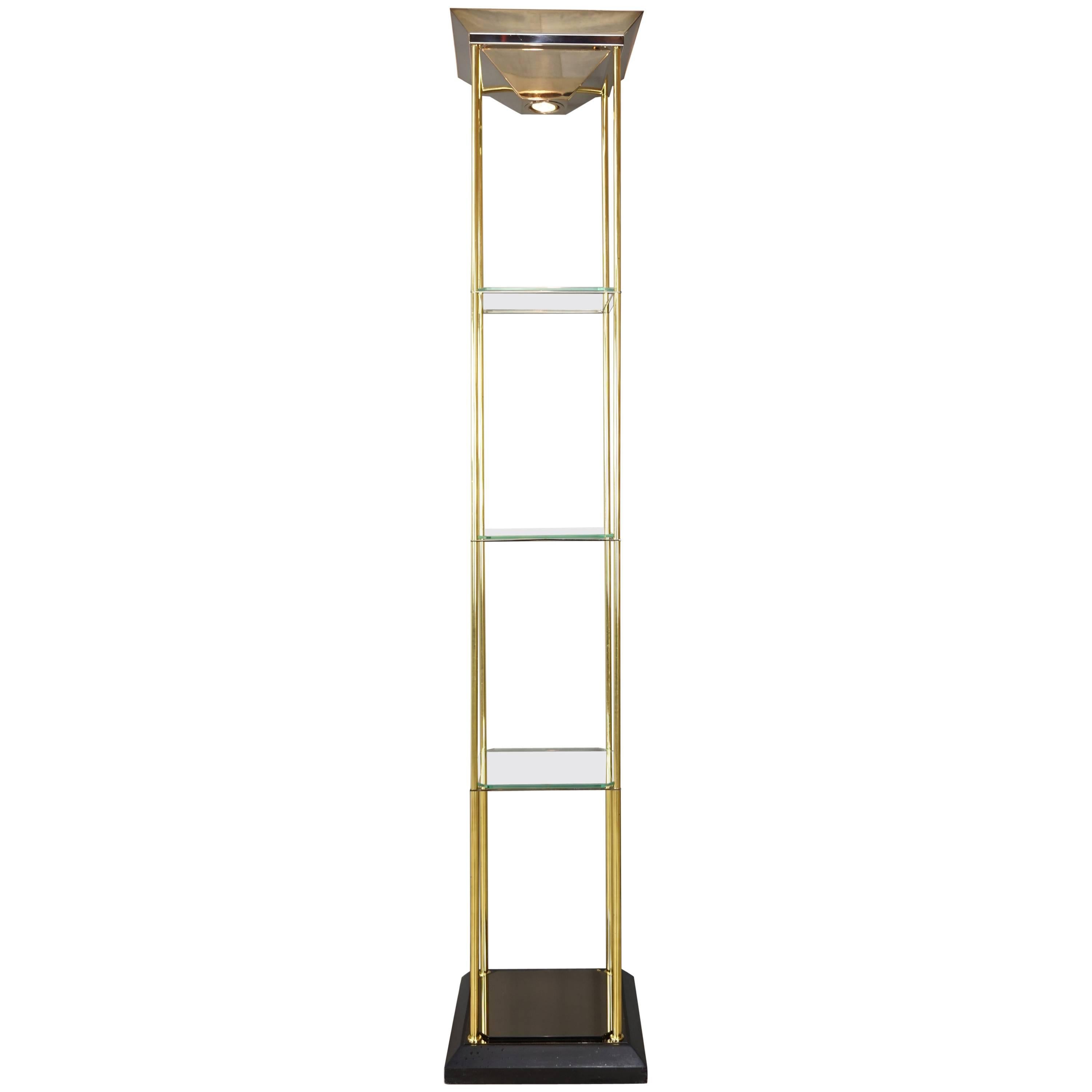 Design Glass Metal and Brass Floor Lamp with Shelves