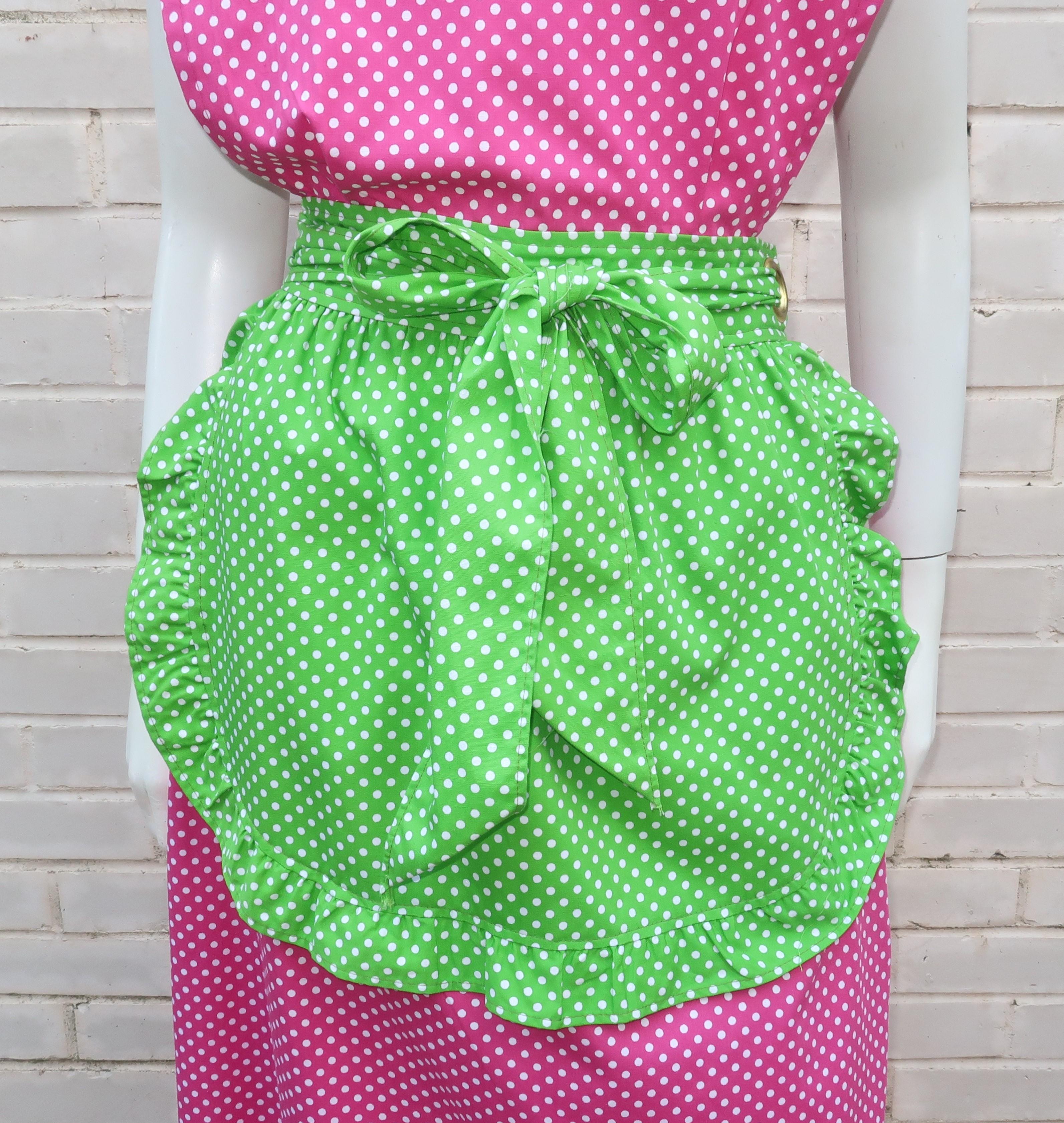 Brown Design House Pink & Green Cotton Pinafore Apron Dress, C.1970 For Sale