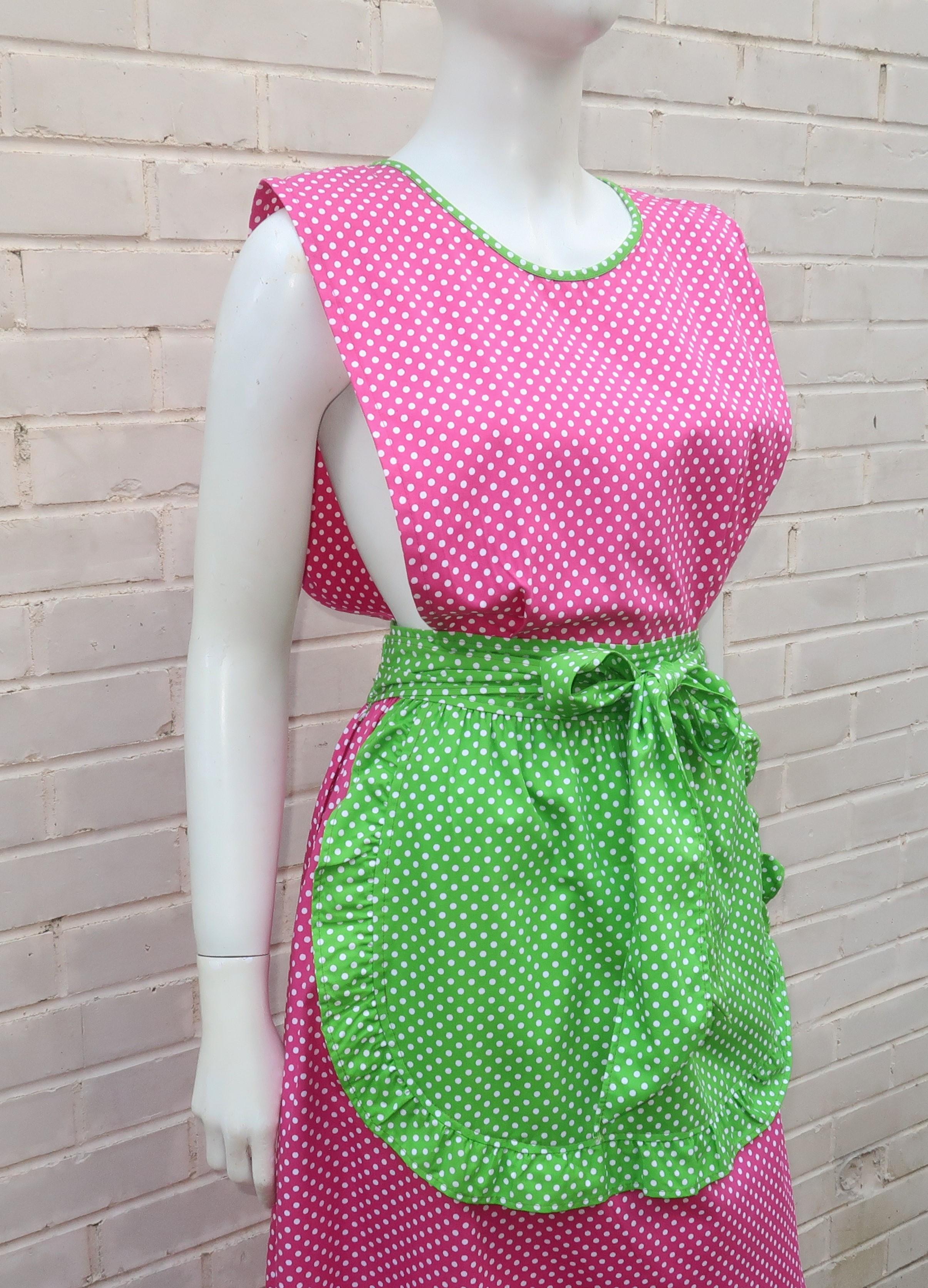 Women's Design House Pink & Green Cotton Pinafore Apron Dress, C.1970 For Sale