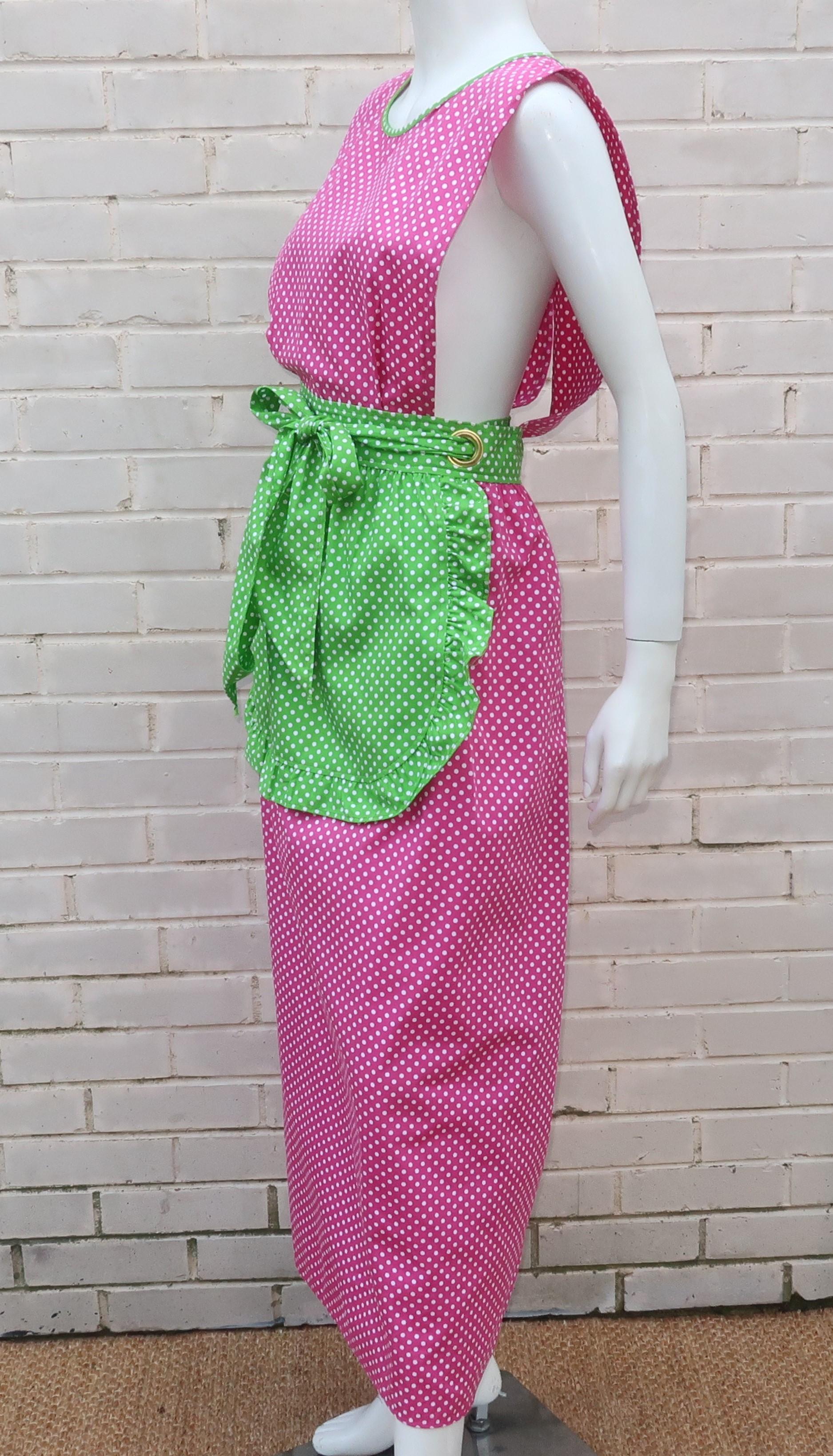 Design House Pink & Green Cotton Pinafore Apron Dress, C.1970 For Sale 3