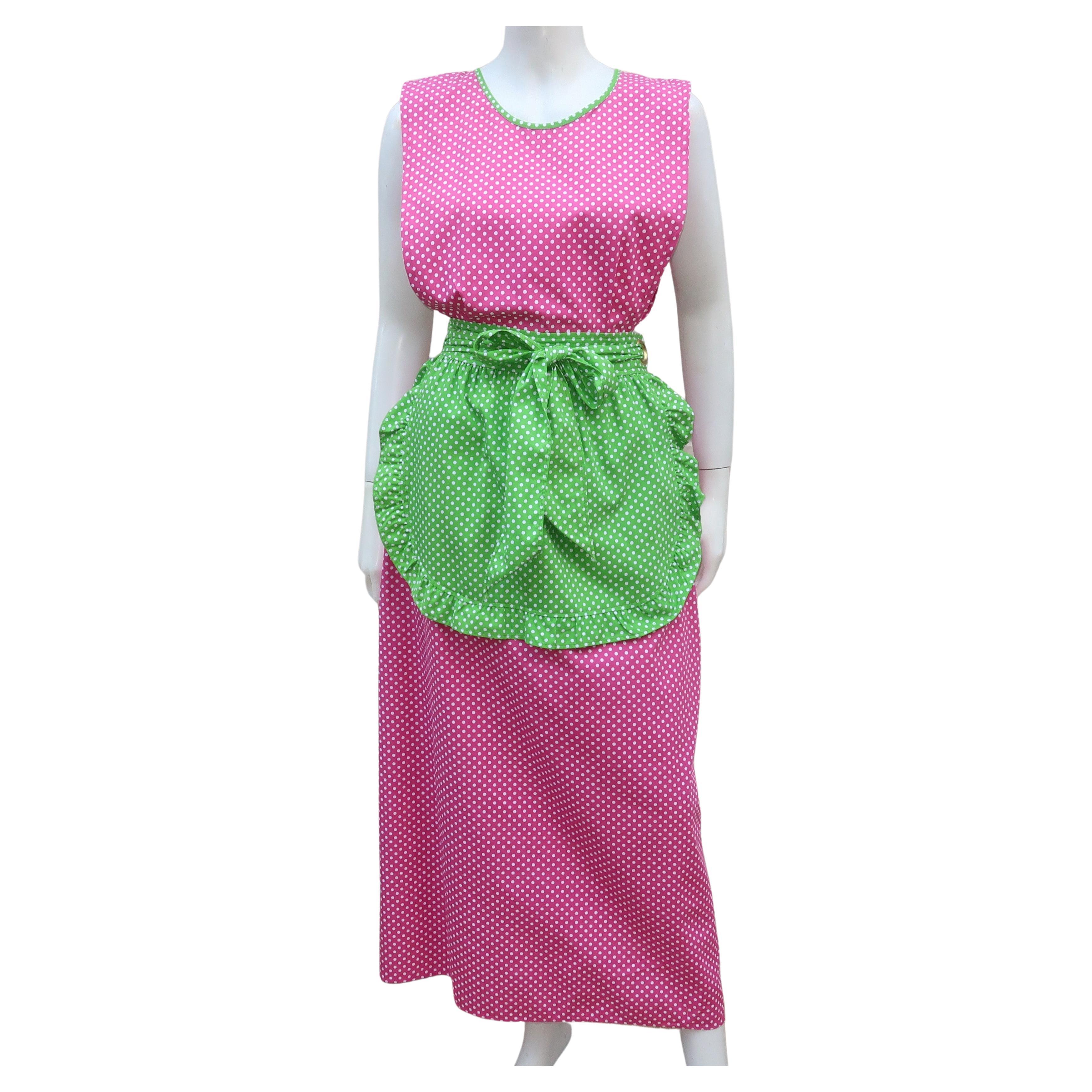 Design House Pink & Green Cotton Pinafore Apron Dress, C.1970 For Sale