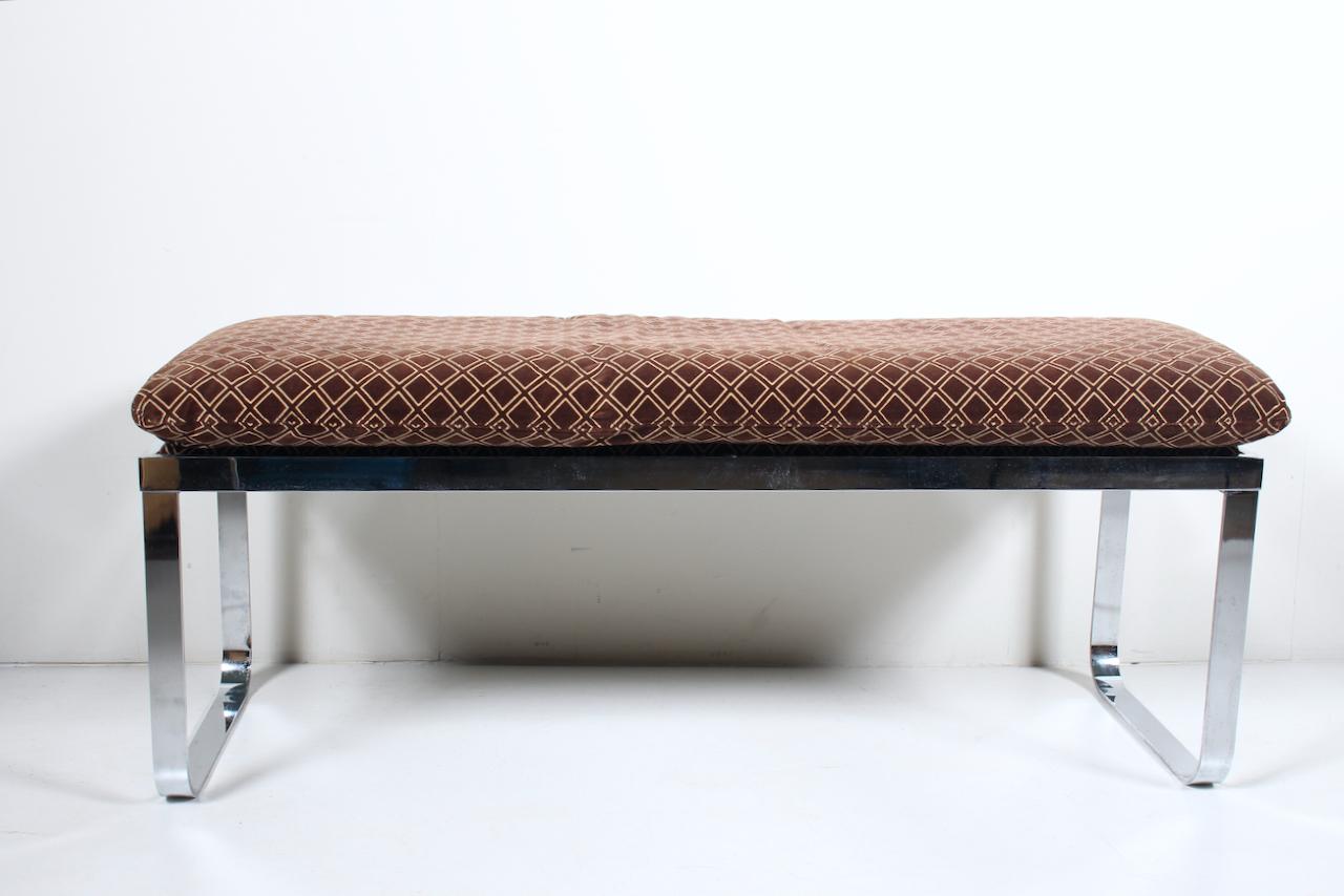 International Style Design In America Chromed Steel Bench with Cocoa Velour Cushion For Sale