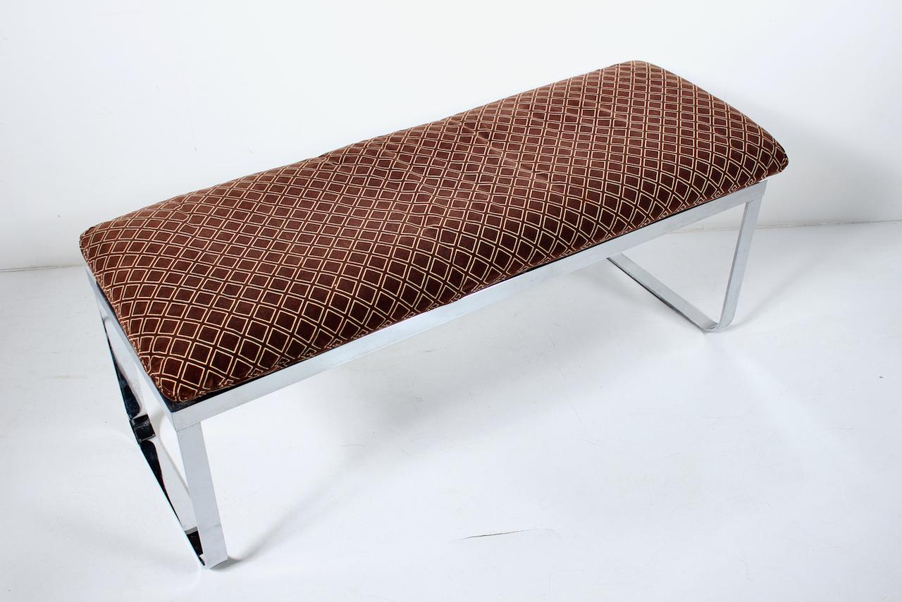 20th Century Design In America Chromed Steel Bench with Cocoa Velour Cushion For Sale