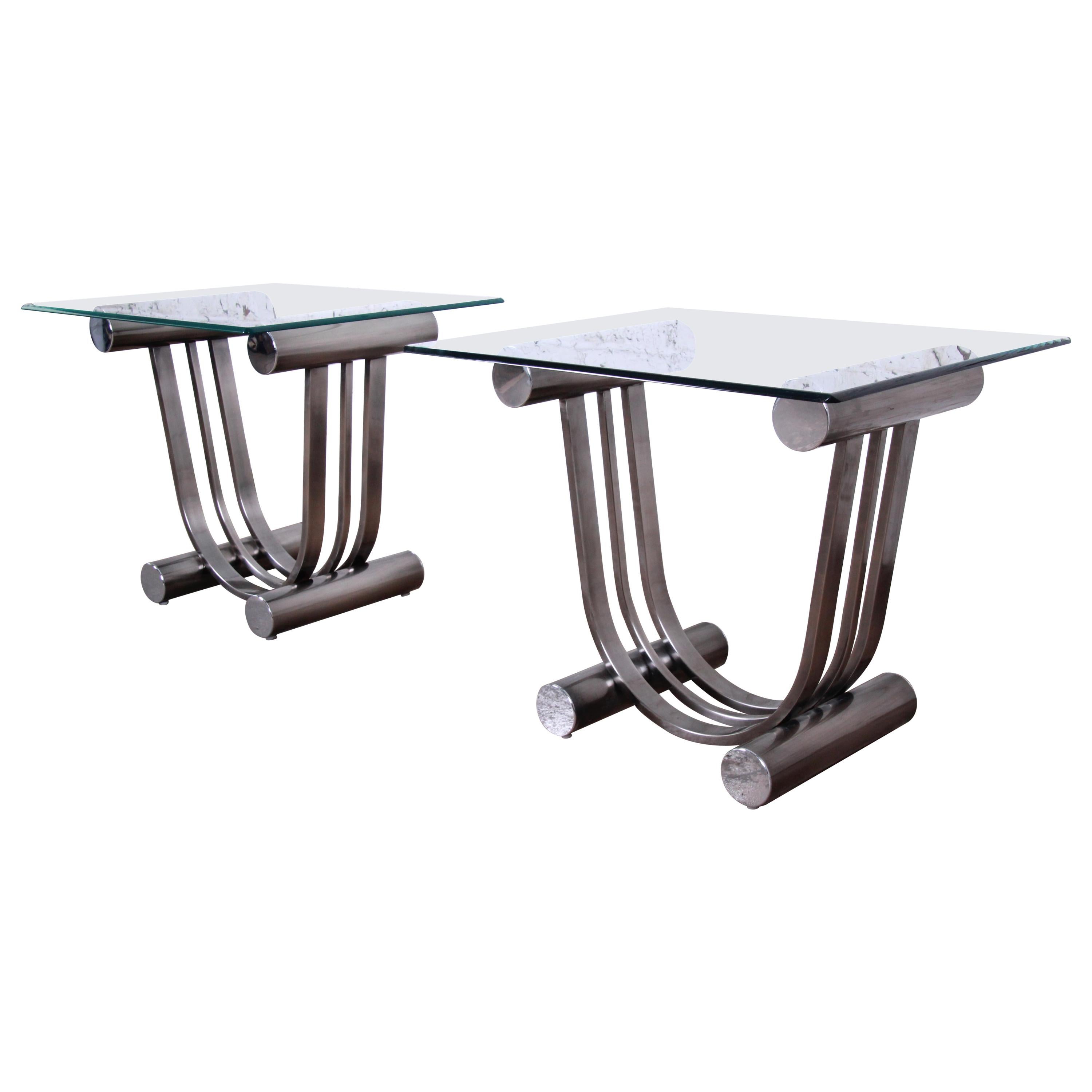 Design Institute America Art Deco Style Chrome and Glass Side Table, Pair