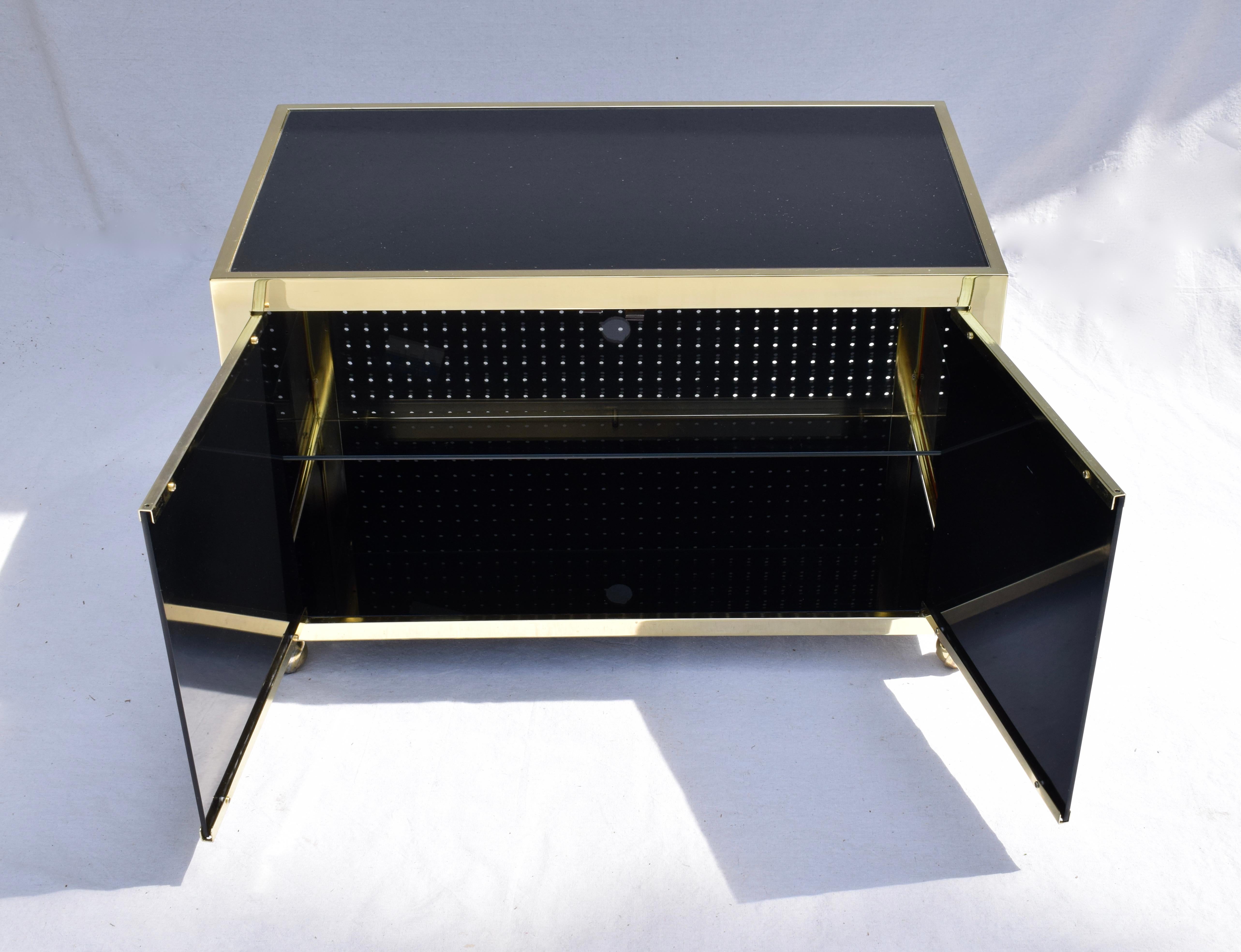 Late 20th Century Design Institute of America Black Glass & Brass Console Cabinet