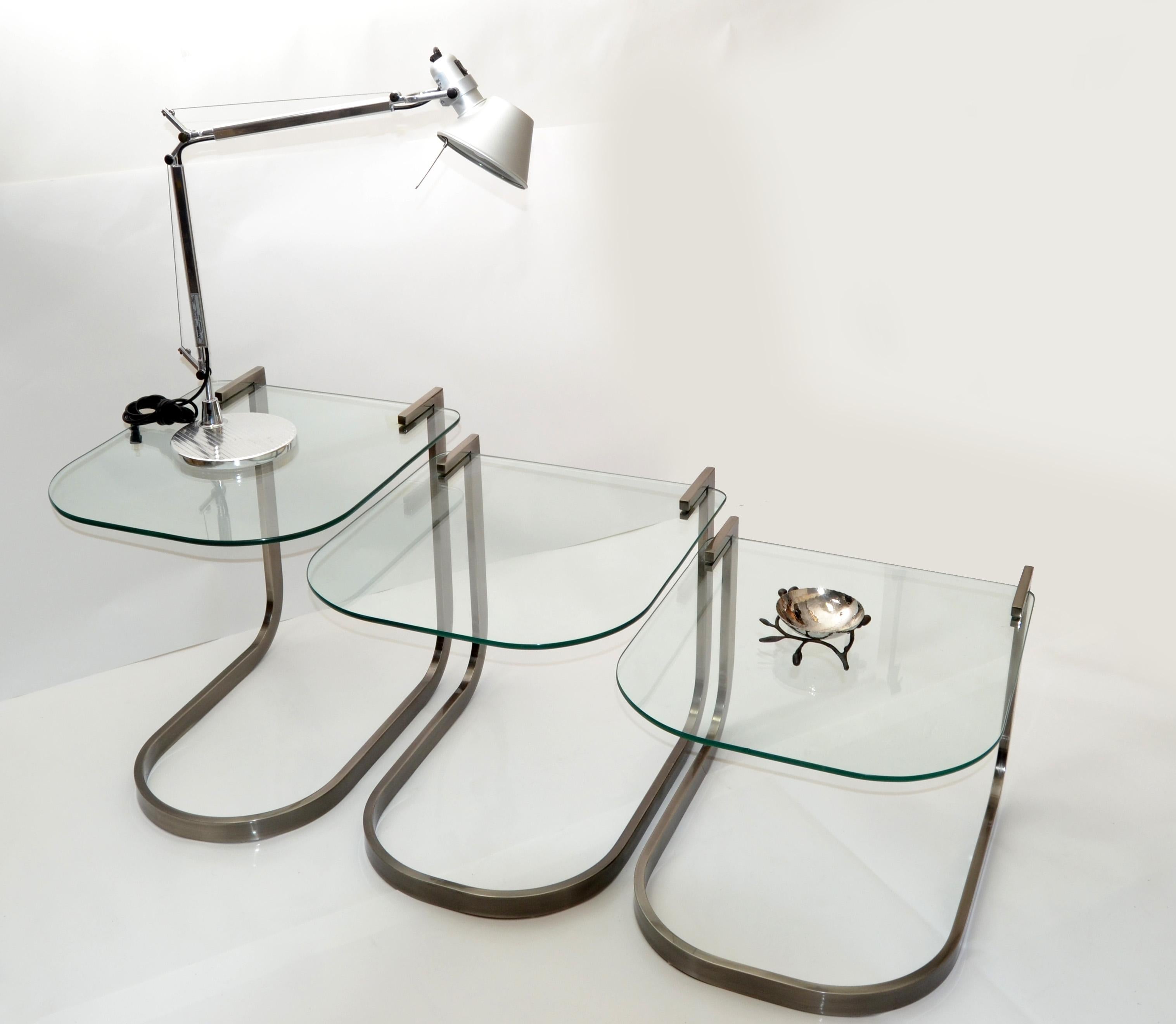 Mid-Century Modern Design Institute of America 'DIA' Three Vintage Glass & Steel Nesting Tables For Sale