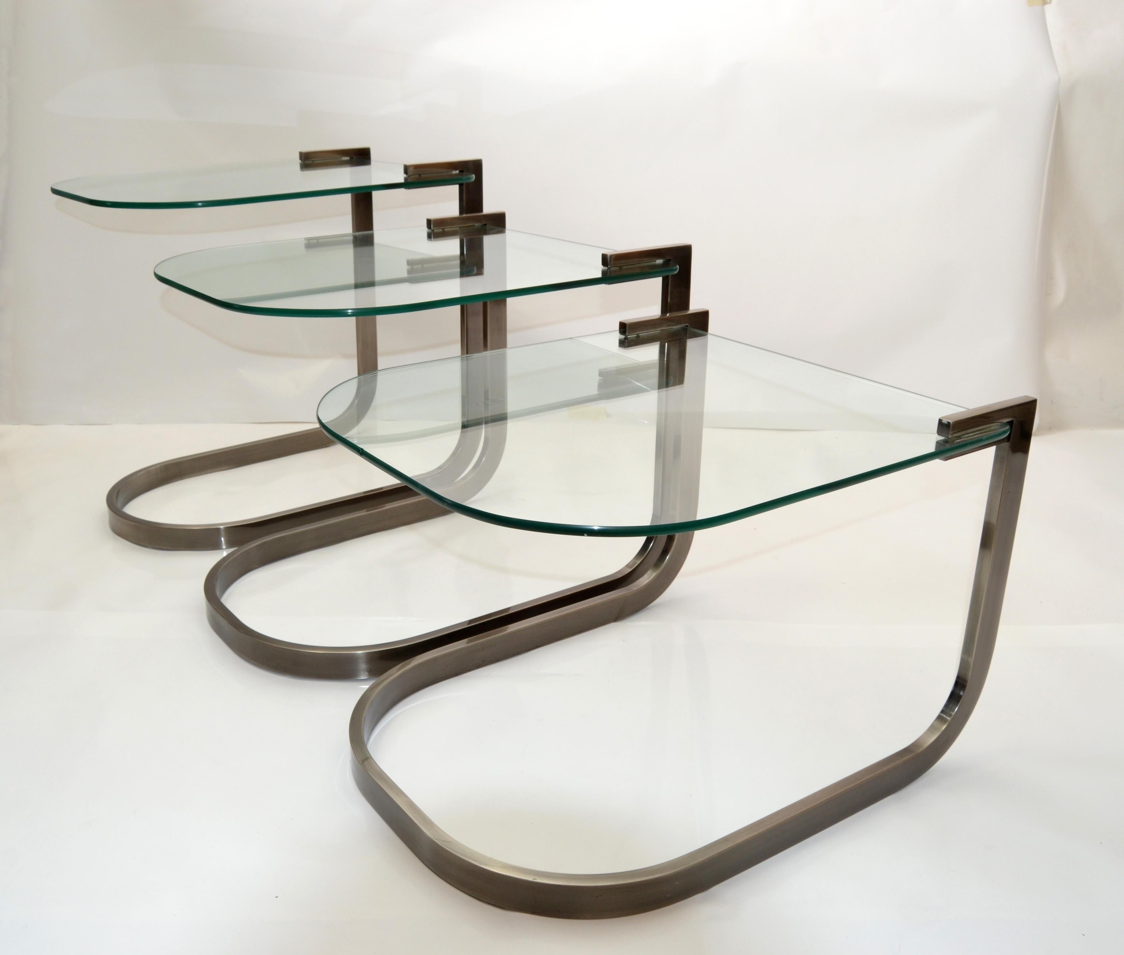 American Design Institute of America 'DIA' Three Vintage Glass & Steel Nesting Tables For Sale