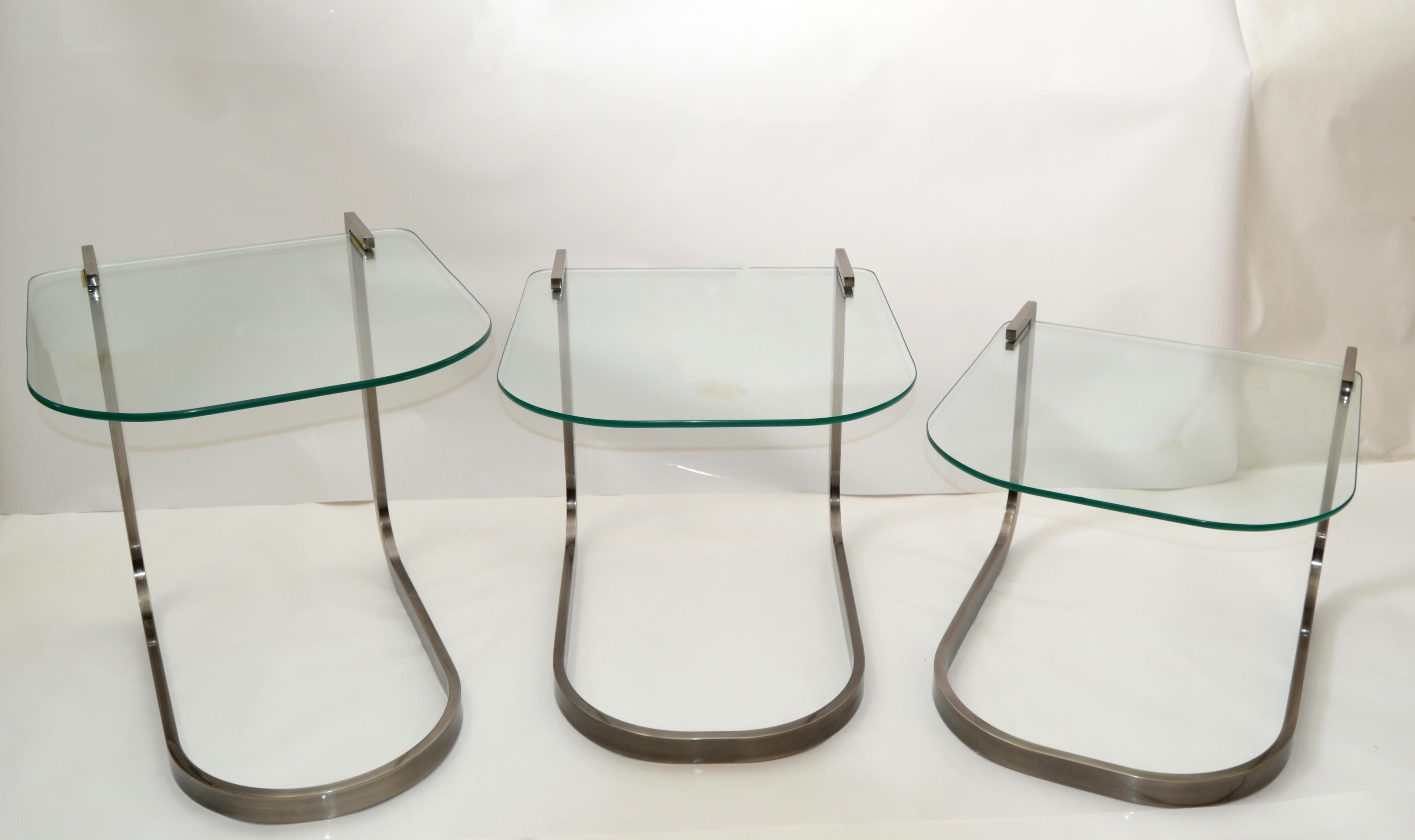 Brushed Design Institute of America 'DIA' Three Vintage Glass & Steel Nesting Tables For Sale