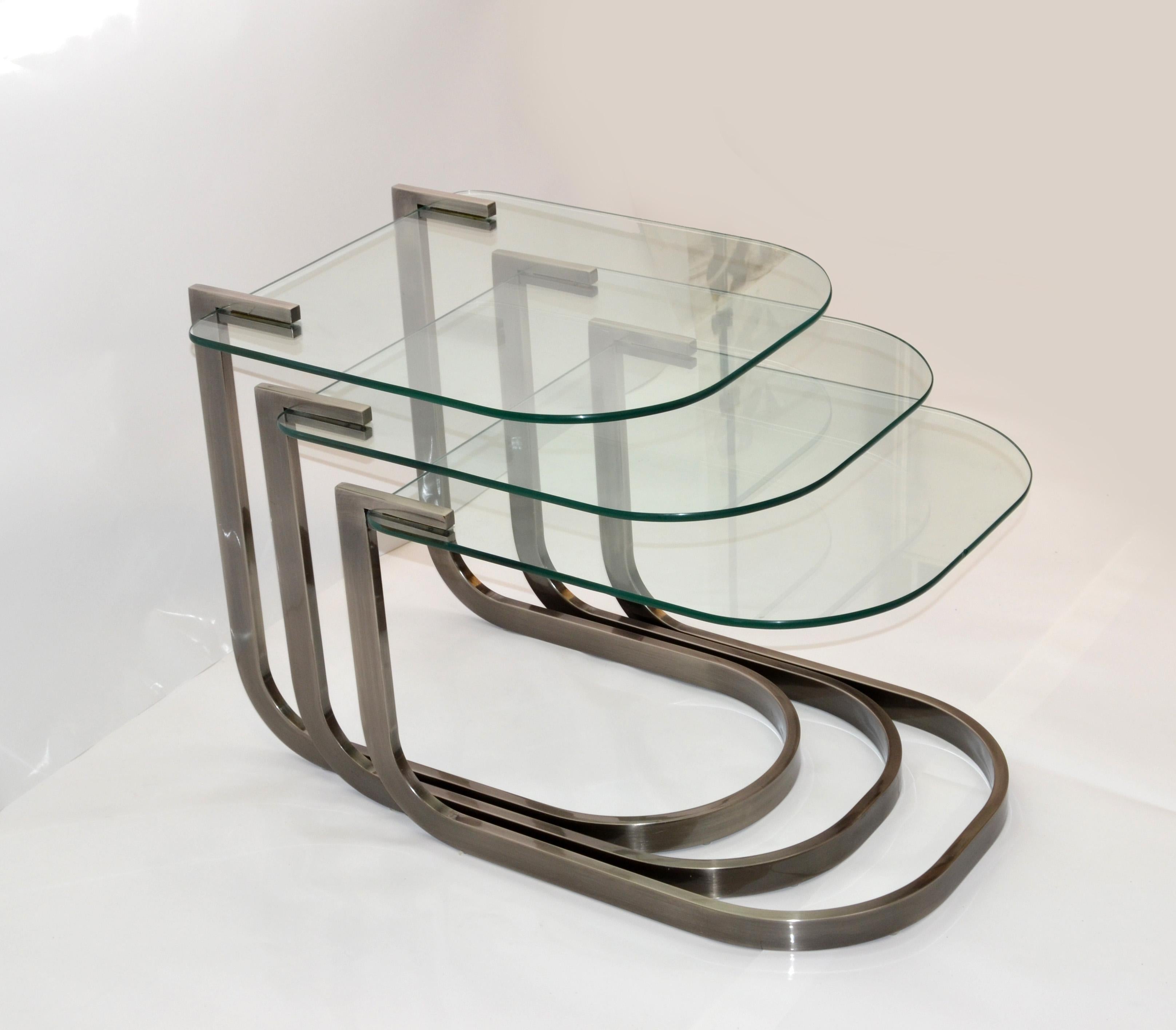 Design Institute of America 'DIA' Three Vintage Glass & Steel Nesting Tables In Good Condition For Sale In Miami, FL