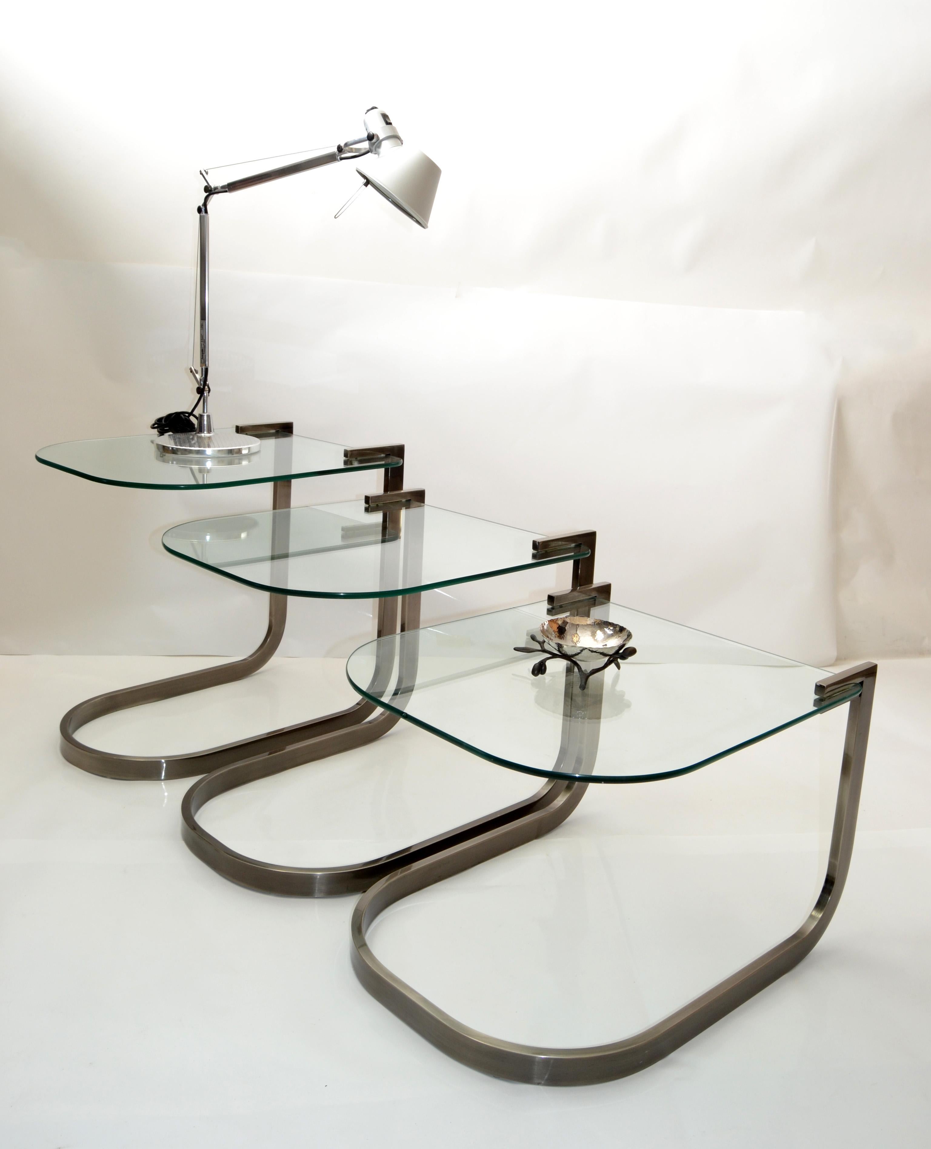 Design Institute of America 'DIA' Three Vintage Glass & Steel Nesting Tables For Sale 1