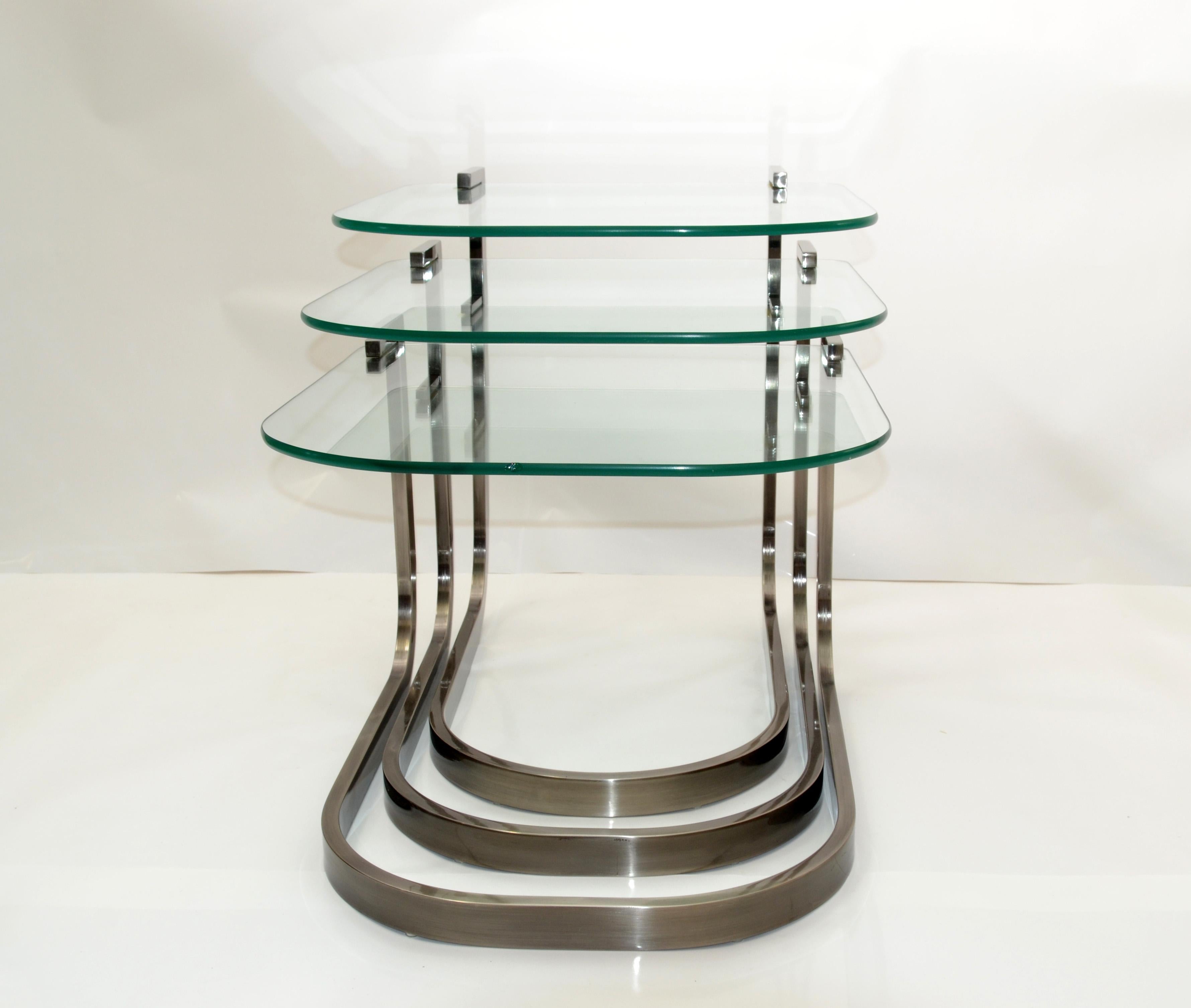 Design Institute of America 'DIA' Three Vintage Glass & Steel Nesting Tables For Sale 2