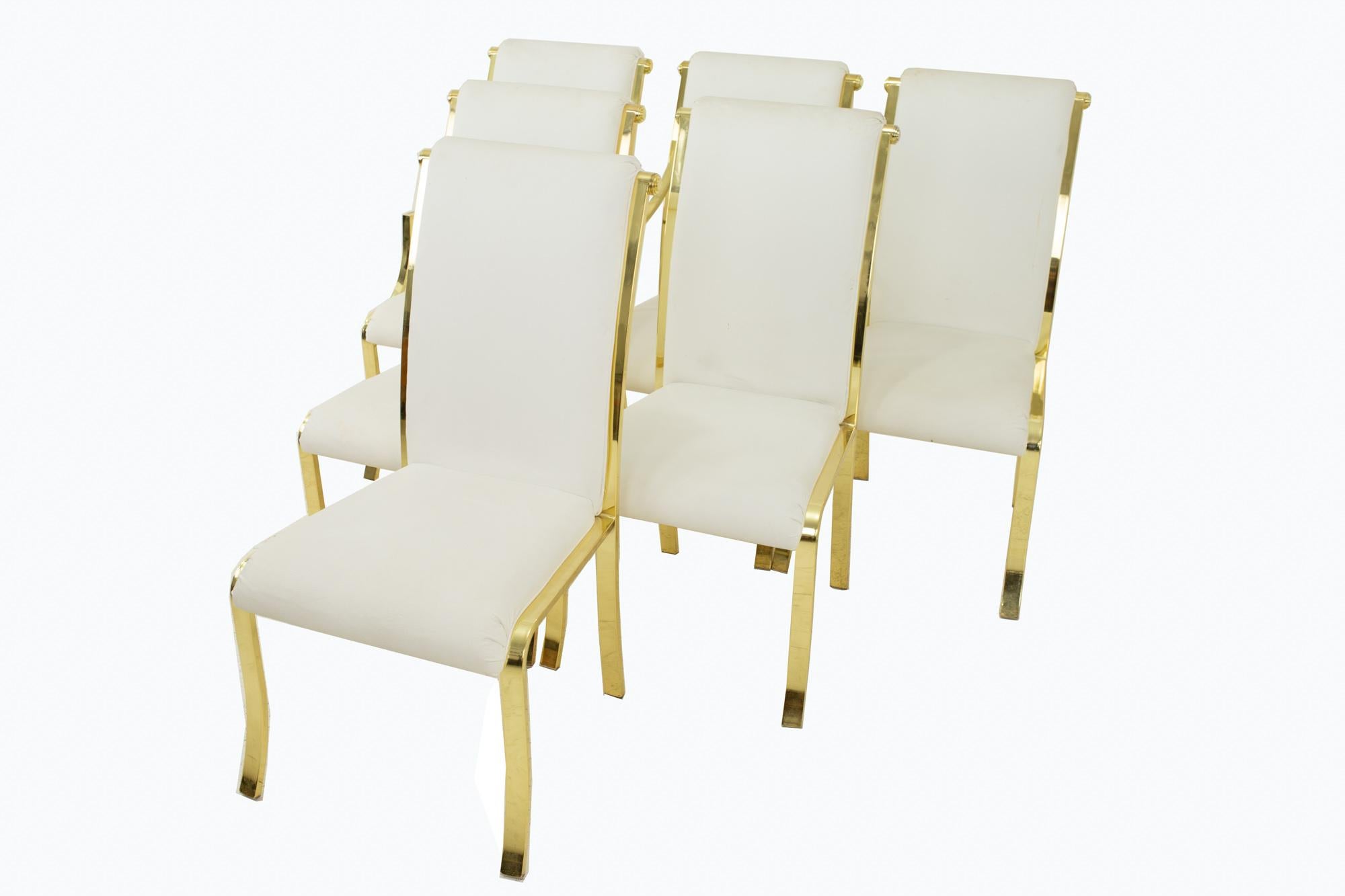 Design Institute of America DIA white and brass dining chairs - Set of 6
Each chair measures: 19.75 wide x 20 deep x 40.5 high, with a seat height of 19 inches

All pieces of furniture can be had in what we call restored vintage condition. That