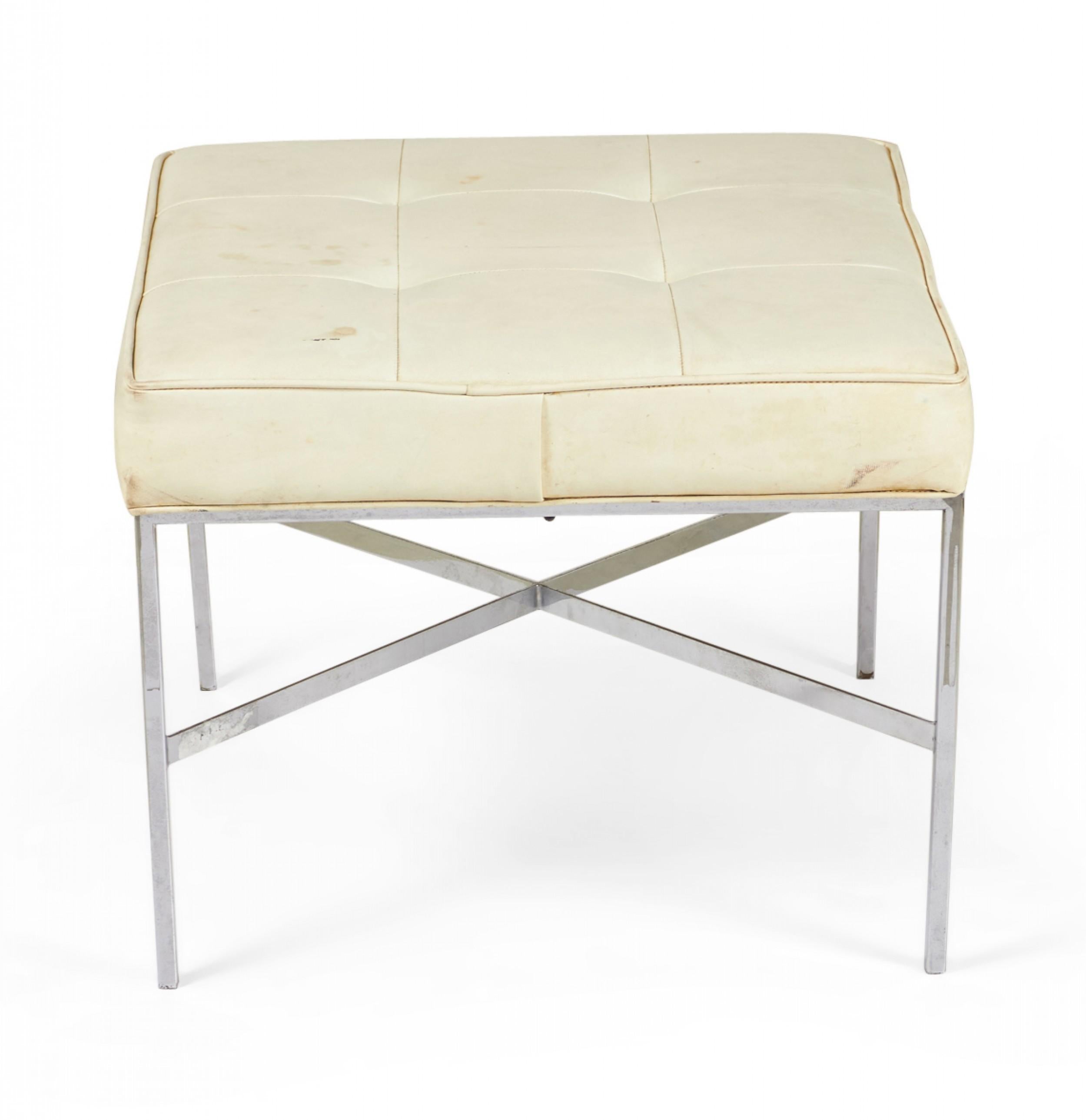 Modern Design Institute of Chrome and Button Tufted White Vinyl Square Bench For Sale