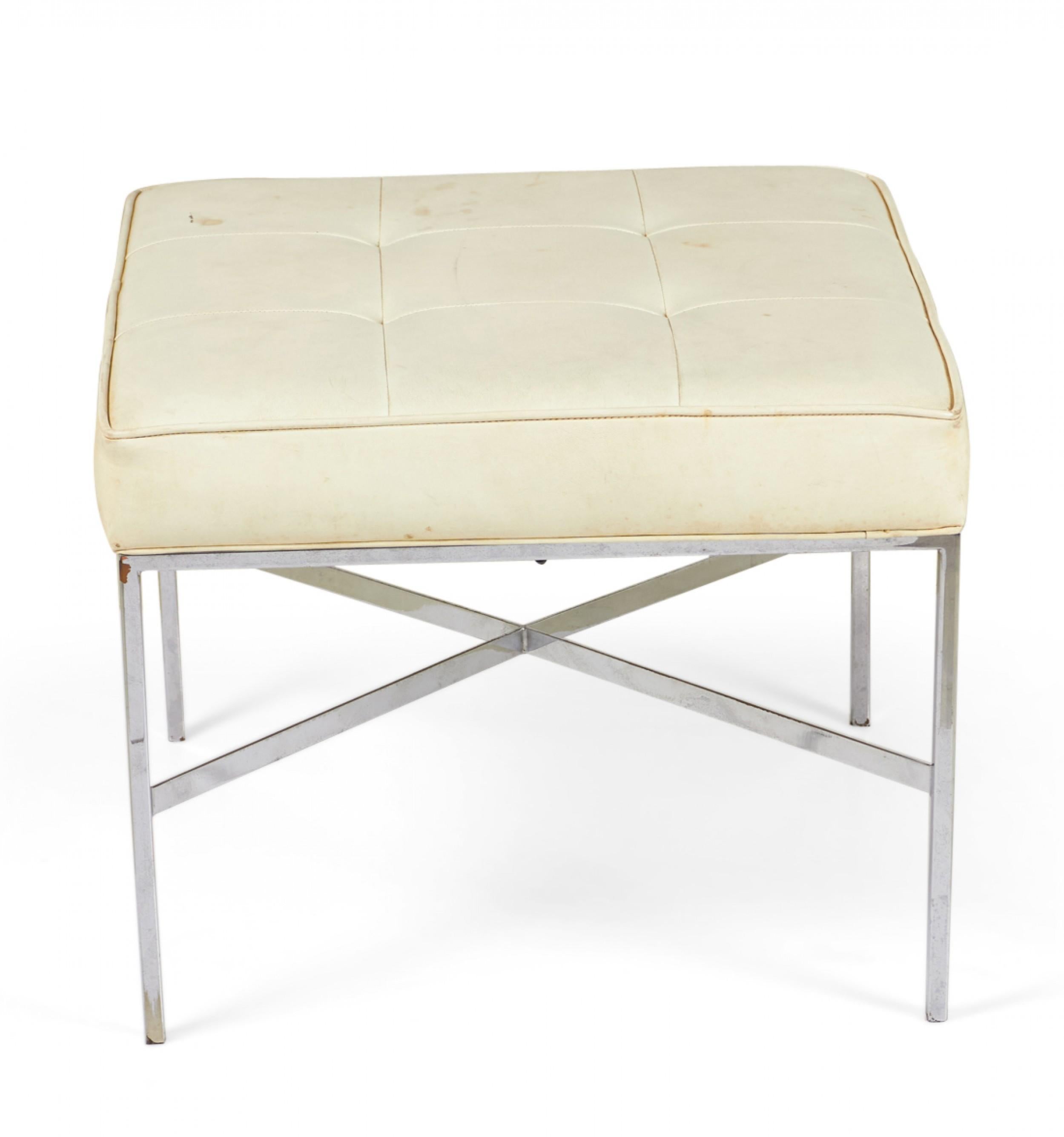 Design Institute of Chrome and Button Tufted White Vinyl Square Bench In Good Condition For Sale In New York, NY