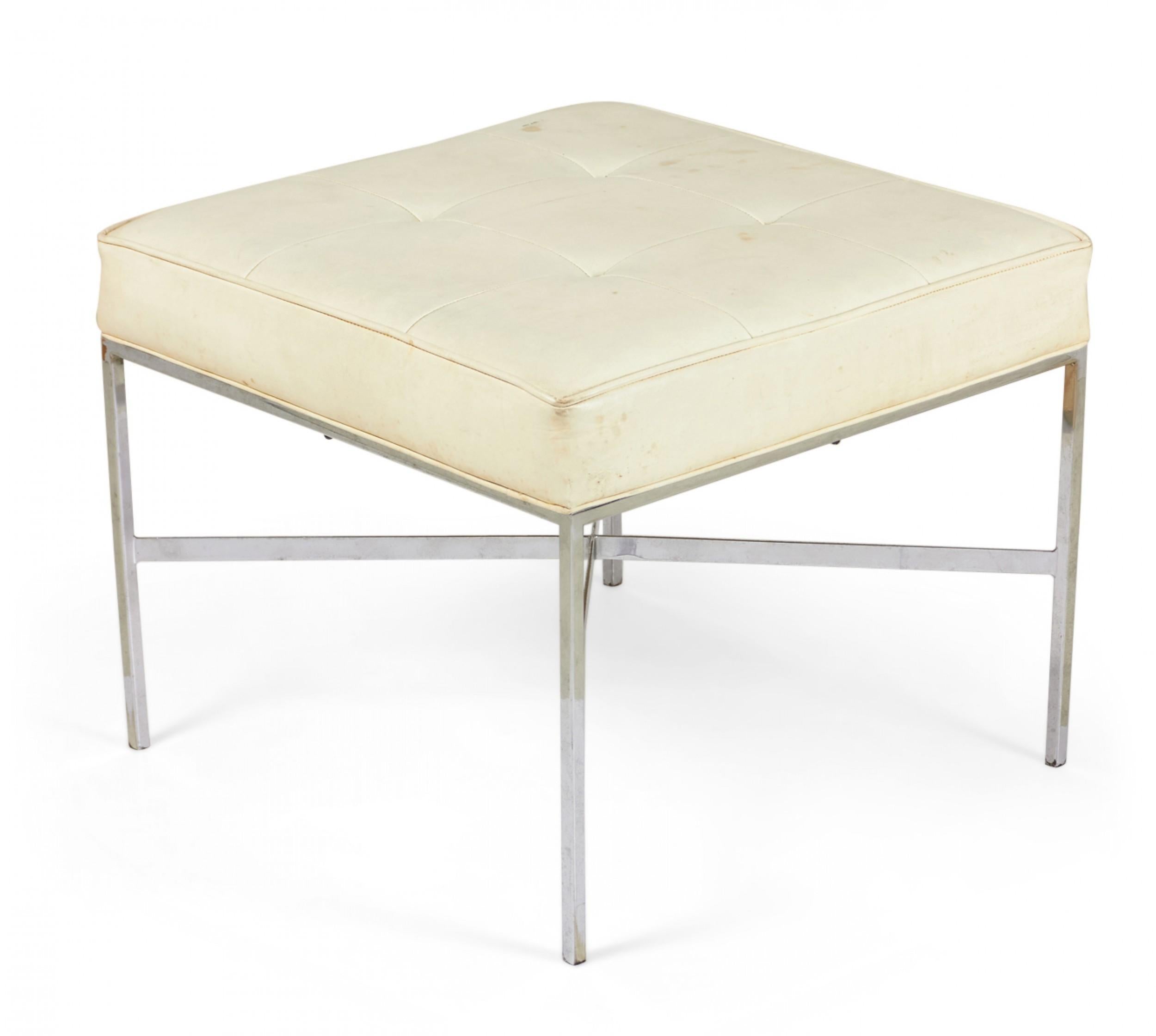 20th Century Design Institute of Chrome and Button Tufted White Vinyl Square Bench For Sale