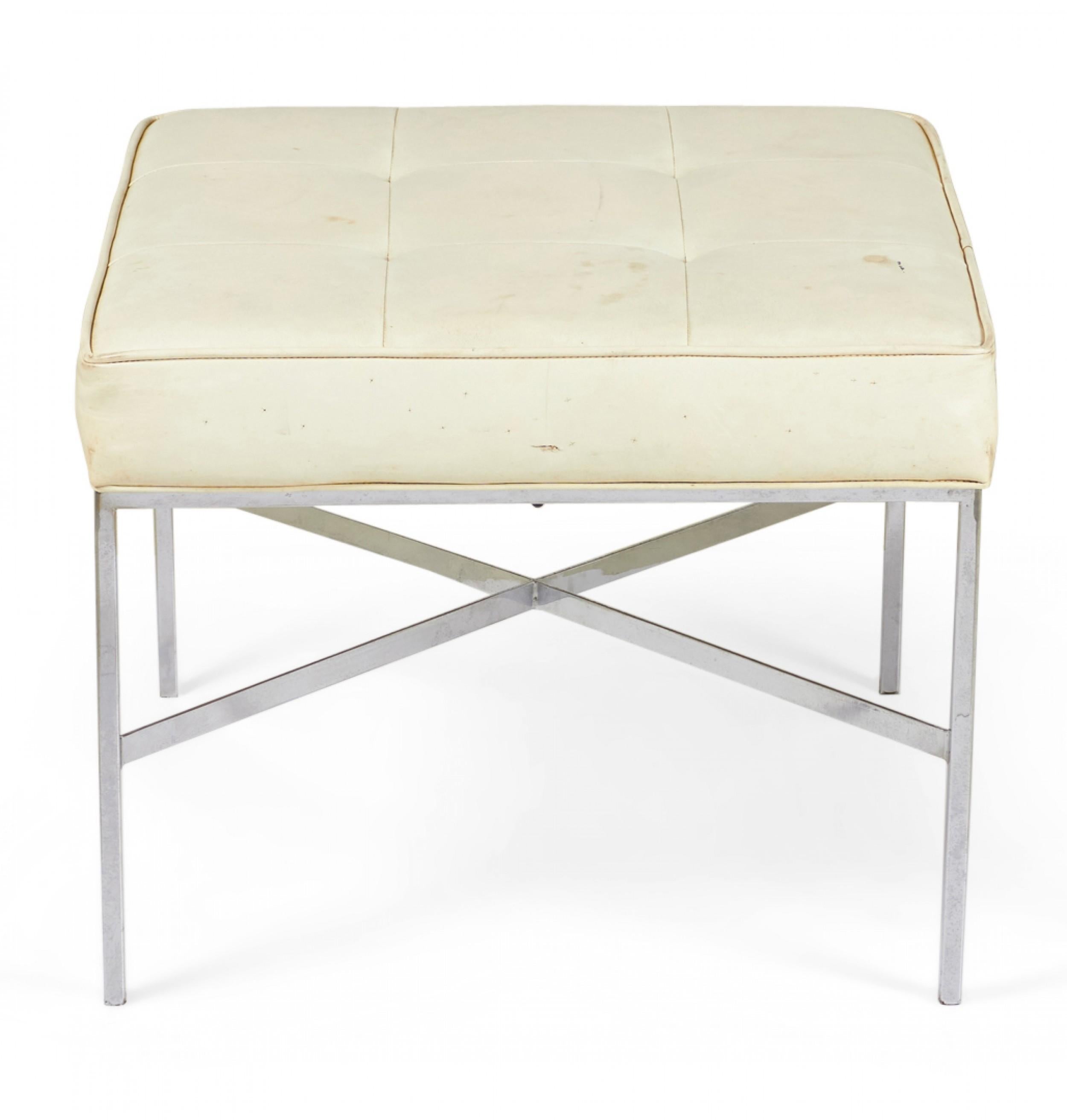 Metal Design Institute of Chrome and Button Tufted White Vinyl Square Bench For Sale