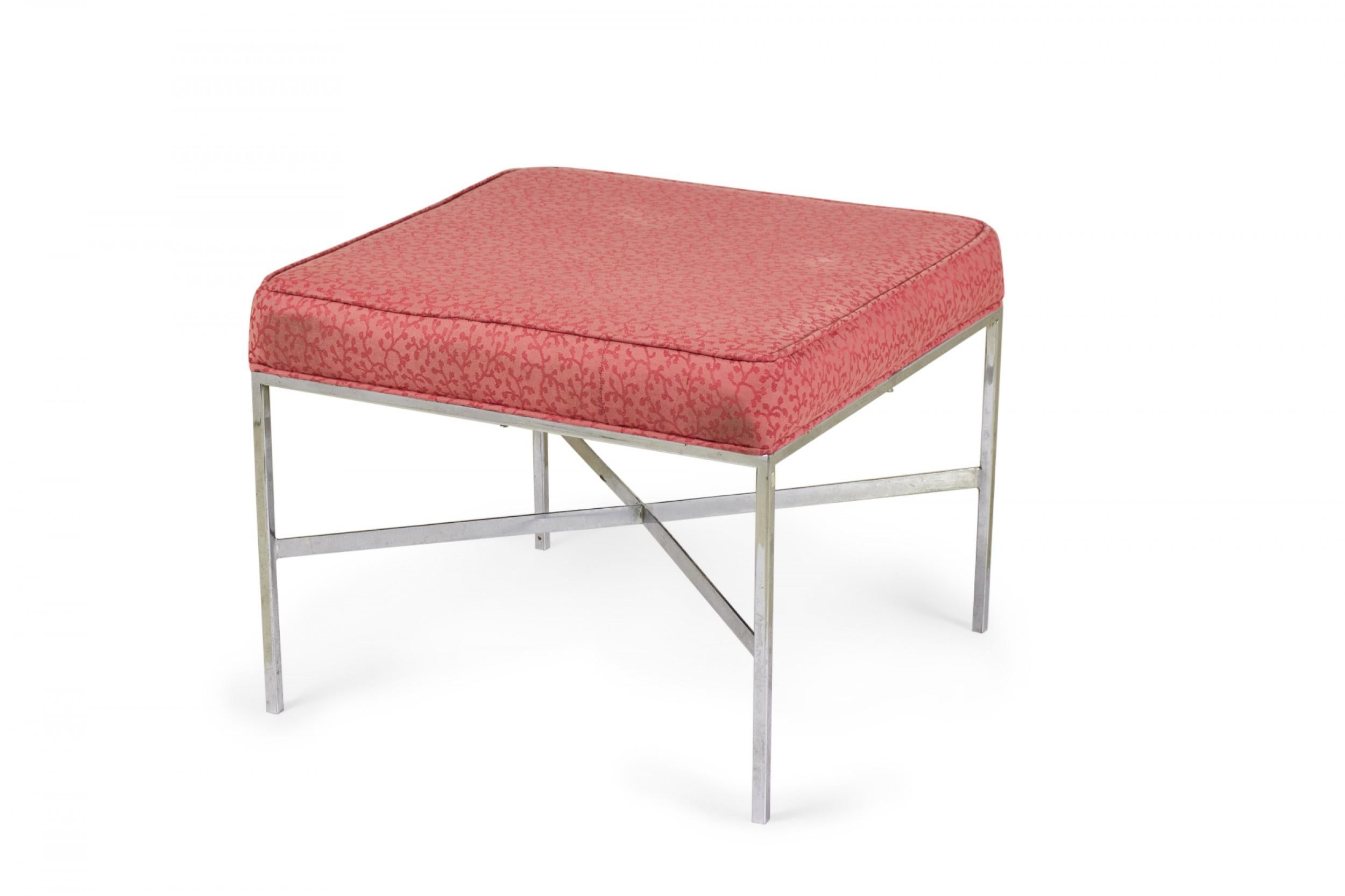 American Modernist square bench with a thin chrome frame and x-shaped stretcher and a patterned raspberry pink upholstered seat. (DESIGN INSTITUTE OF AMERICA)