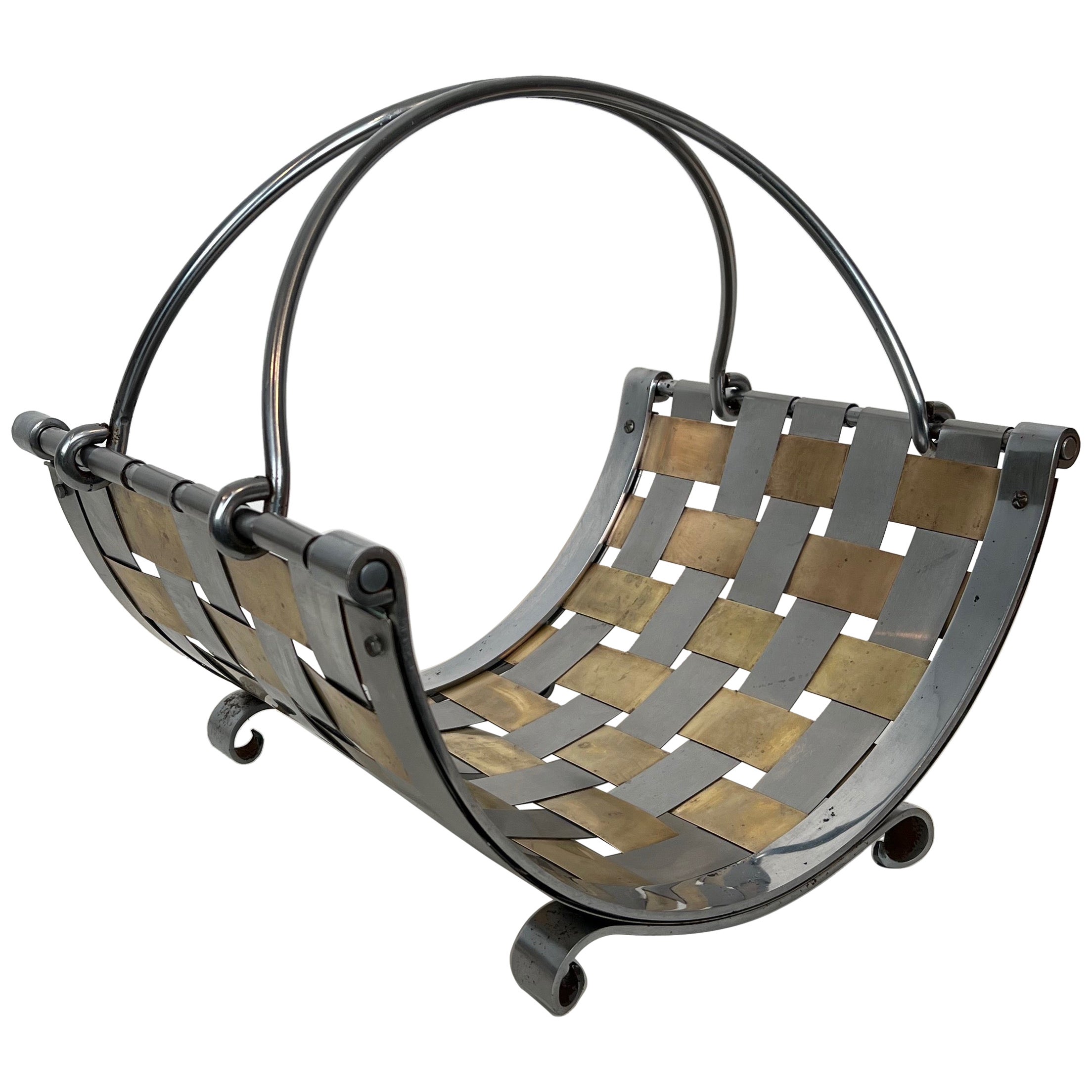 Design logs holder made of intersecting brass and chrome strips. Circa 1970