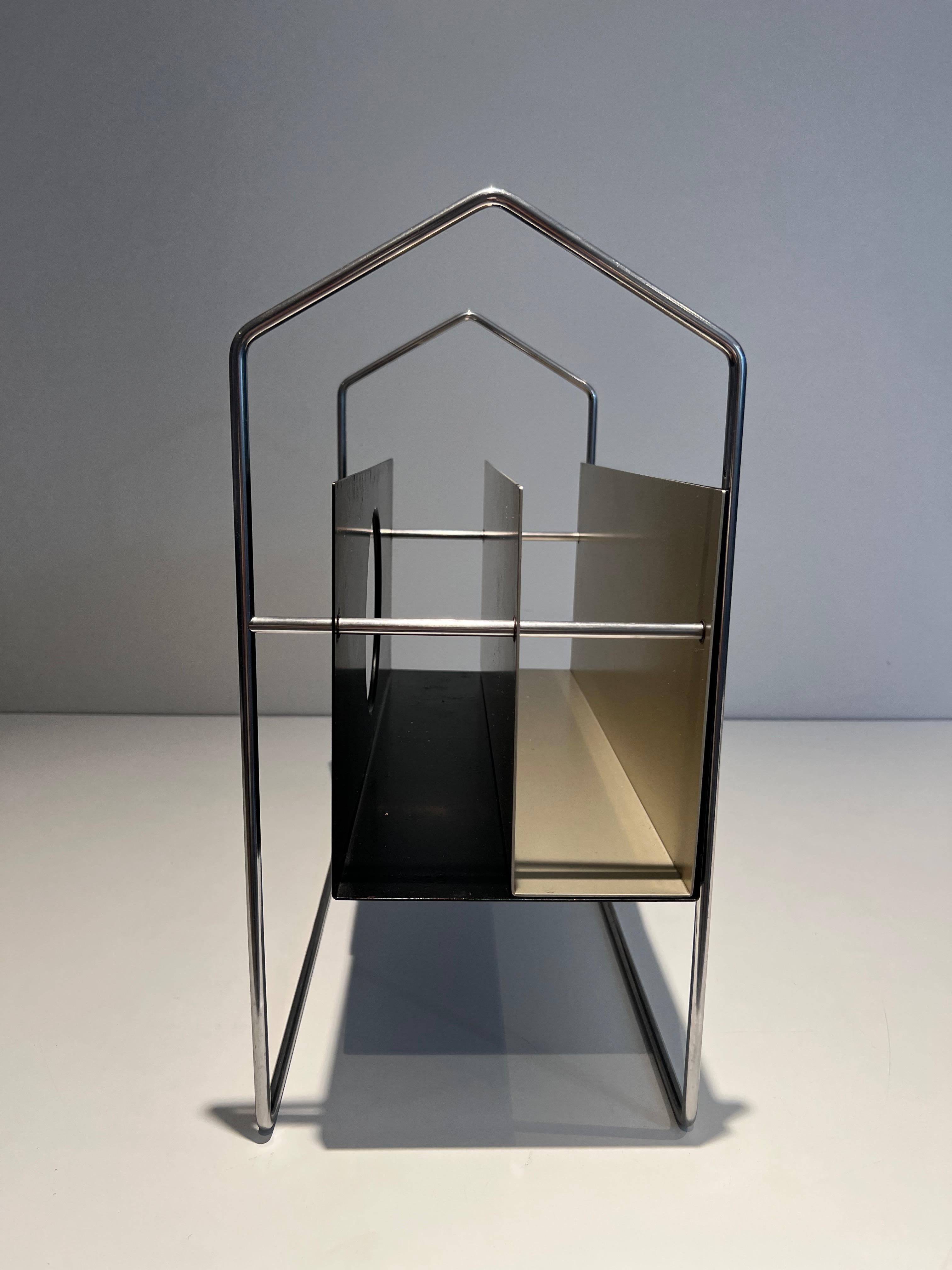 Mid-20th Century Design Magazine Rack made of Chrome, Black and White Lacquered Metal For Sale
