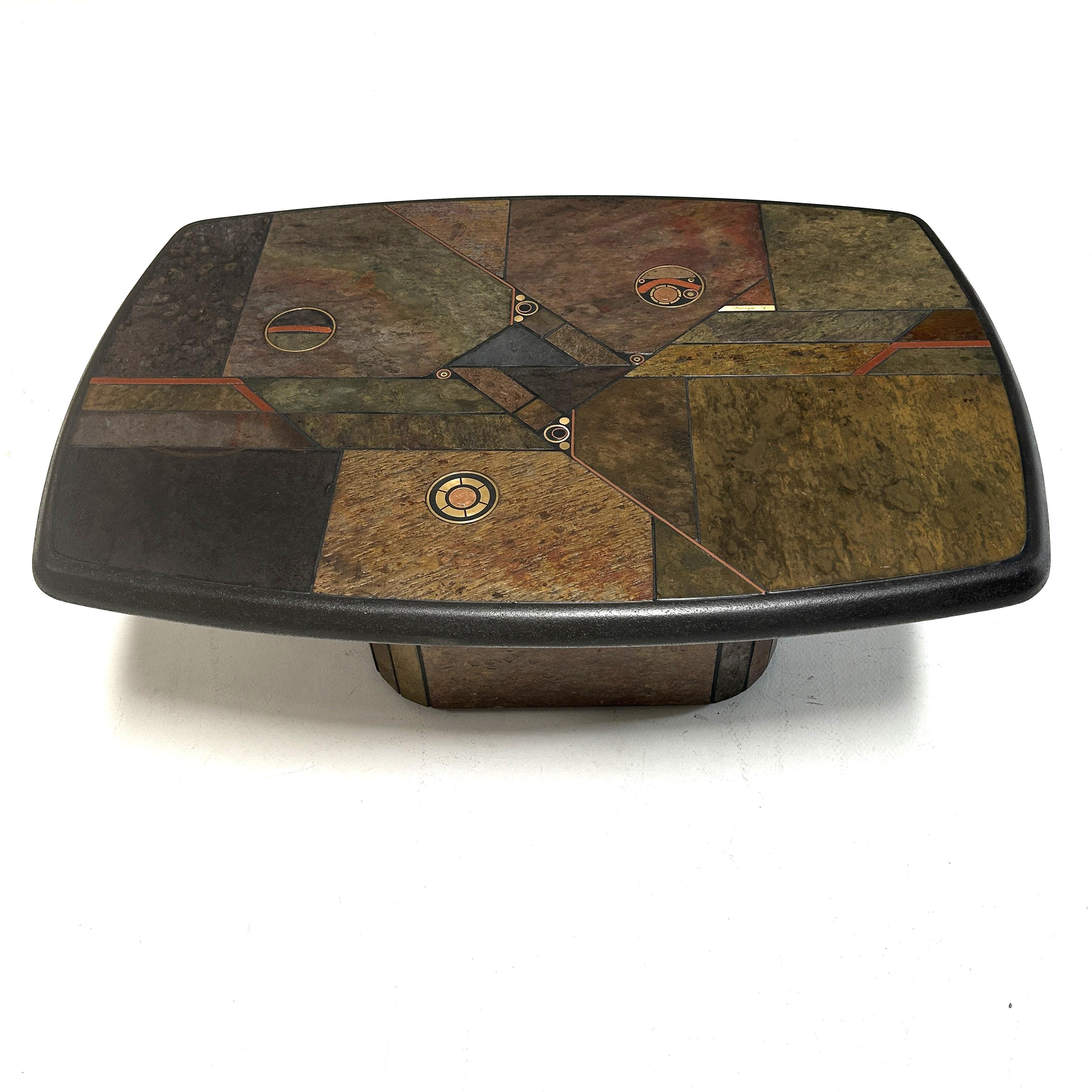 Modern Design P, brutalist Coffee Table made of Indian colored slate, 1988 For Sale