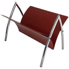Design Red Lacquered Metal and Chrome Magazine Rack, circa 1970