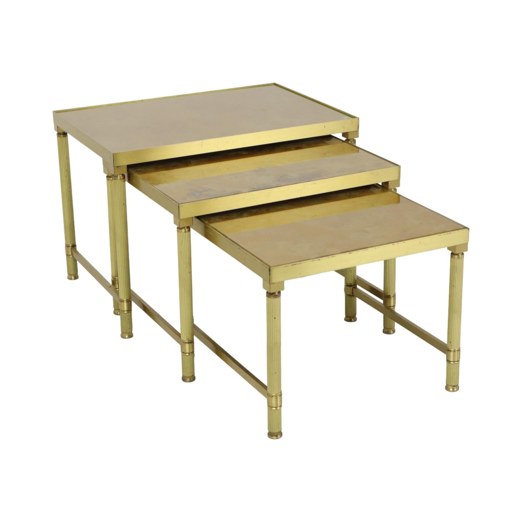 Design Set of 3 Nesting Tables Brass Copper Glass Gold Style Maison Jansen For Sale 3